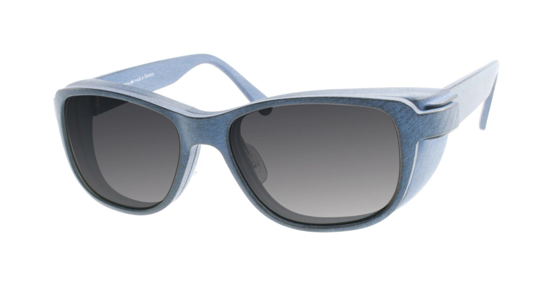 Blue-framed side protection sunglasses with large, rounded lenses with grey lenses in the clip-on. The frame has a thick, textured design and wide temples.