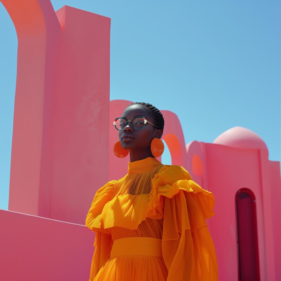 Eine Frau in einem leuchtend orangefarbenen Rüschenkleid und großen runden Ohrringen steht selbstbewusst vor auffälligen rosafarbenen Architekturstrukturen unter einem klaren blauen Himmel. Sie trägt eine Brille und blickt leicht nach oben.