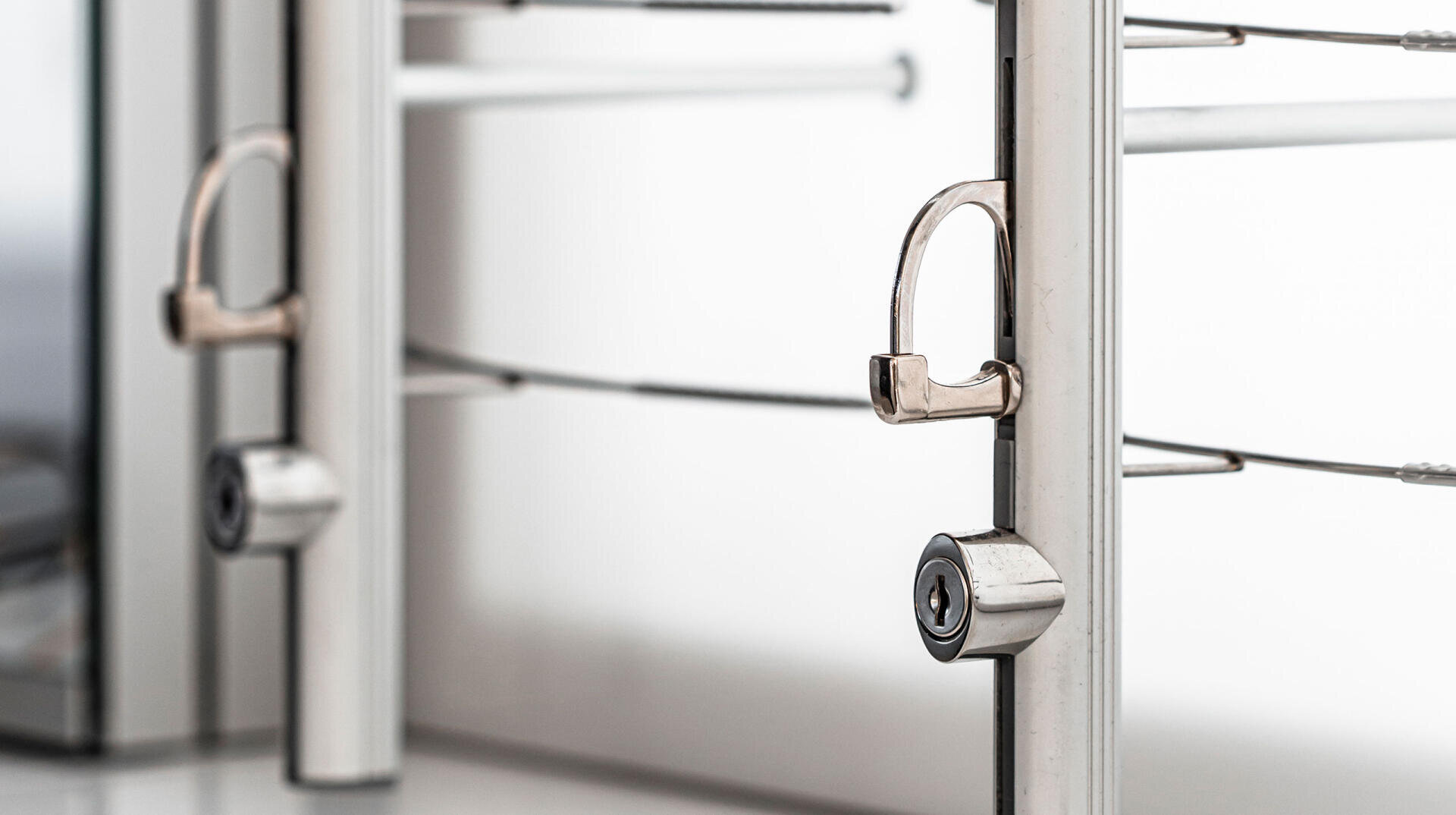 Nahaufnahme von zwei Vorhängeschlössern, die Metallstangen sichern, wahrscheinlich Teil eines Sicherheitstors oder einer Einfriedung, mit unscharfem Hintergrund.