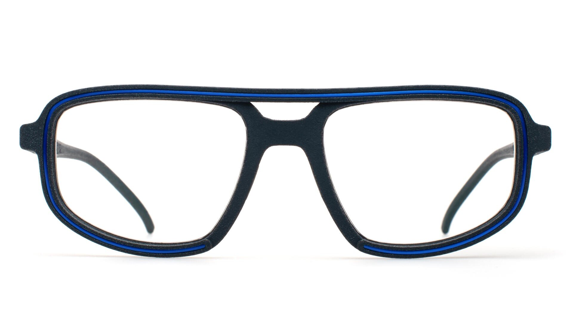 A pair of black-rimmed eyeglasses with blue accents, featuring a double bridge design and large, rectangular lenses, displayed against a white background.