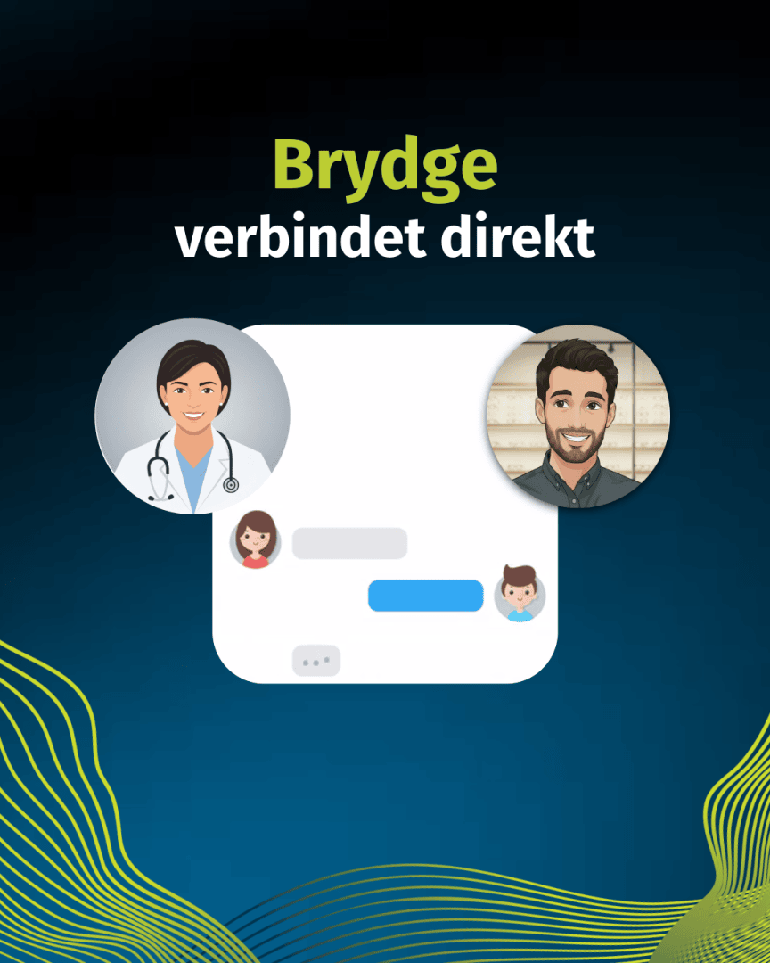 Illustration mit Brydge verbindet direkt oben, die eine Ärztin und einen Arzt zeigt, was auf eine direkte Kommunikation über eine Chat-Schnittstelle hindeutet, auf dunkelblauem Hintergrund mit grünen Wellenlinien.