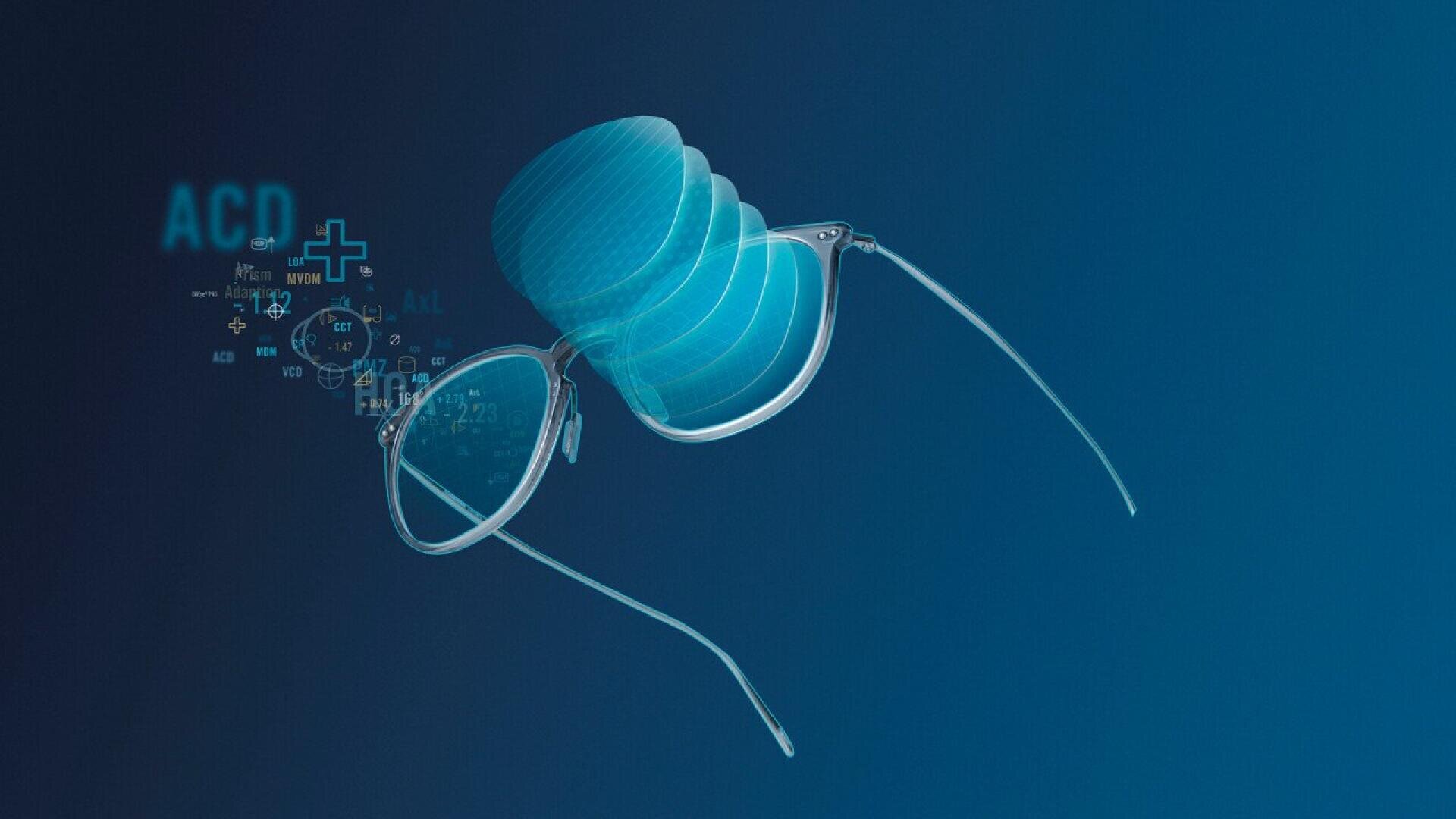 A pair of eyeglasses floats against a blue background, with digital elements and symbols, such as numbers and plus signs, emerging from the left lens, suggesting technology or augmented vision.