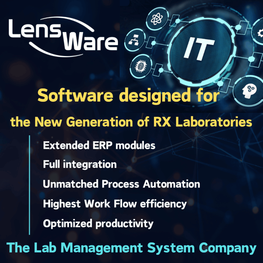 Werbegrafik für die Laborverwaltungssoftware LensWare, die Funktionen wie erweiterte ERP-Module, vollständige Integration, Prozessautomatisierung, Workflow-Effizienz und Produktivität für RX-Labore hervorhebt, mit technikbezogenem Hintergrund.