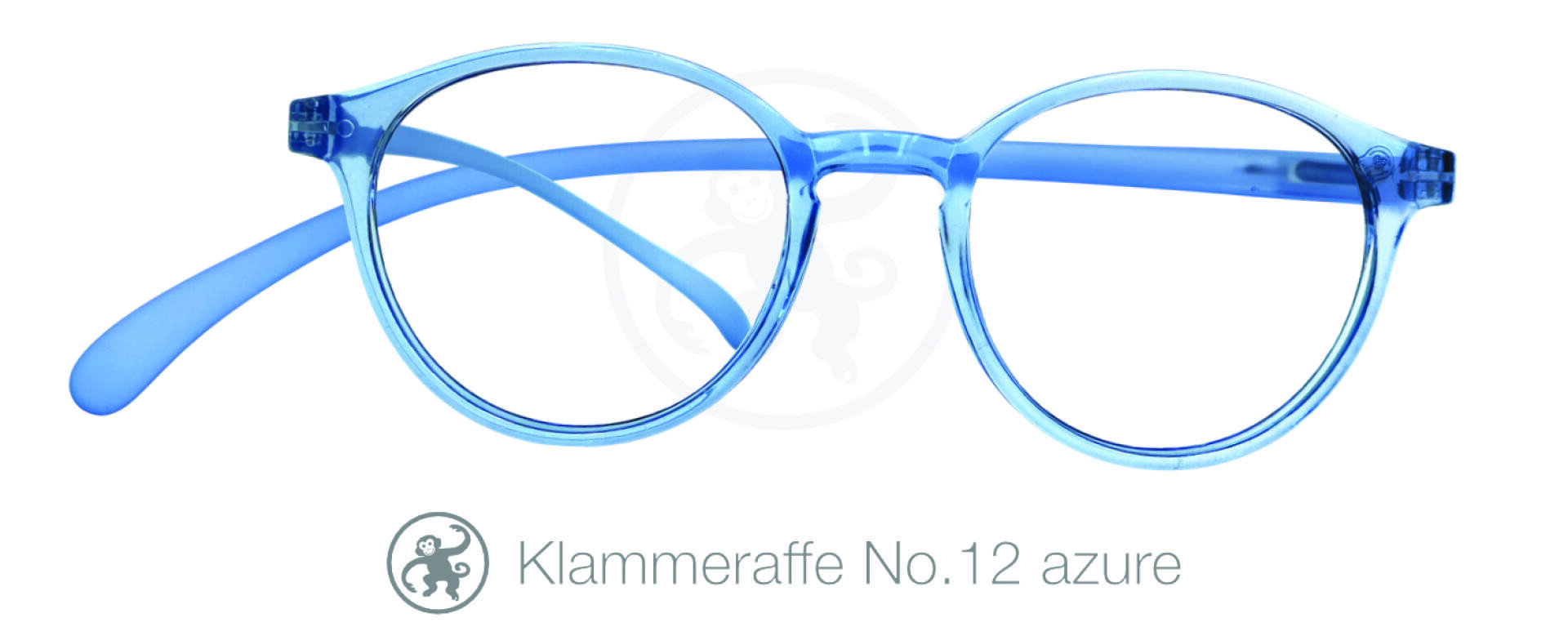 Round, translucent azure blue eyeglasses with thin frames. Below the glasses, text reads Klammeraffe No.12 azure alongside a monkey logo. The background is white.