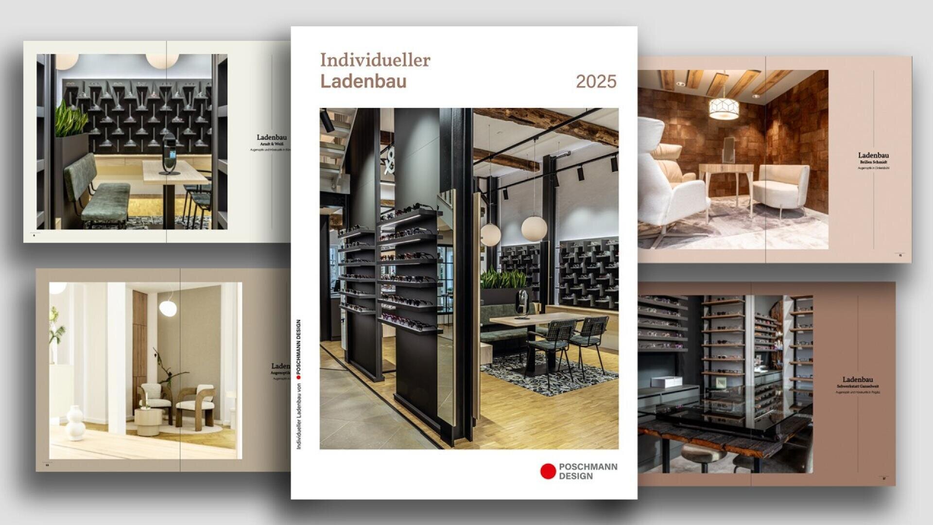 A catalog cover titled Individueller Ladenbau 2025 by Poschmann Design is centered, surrounded by interior images of modern, stylish shop and retail spaces featuring shelves, lighting, and display furniture.