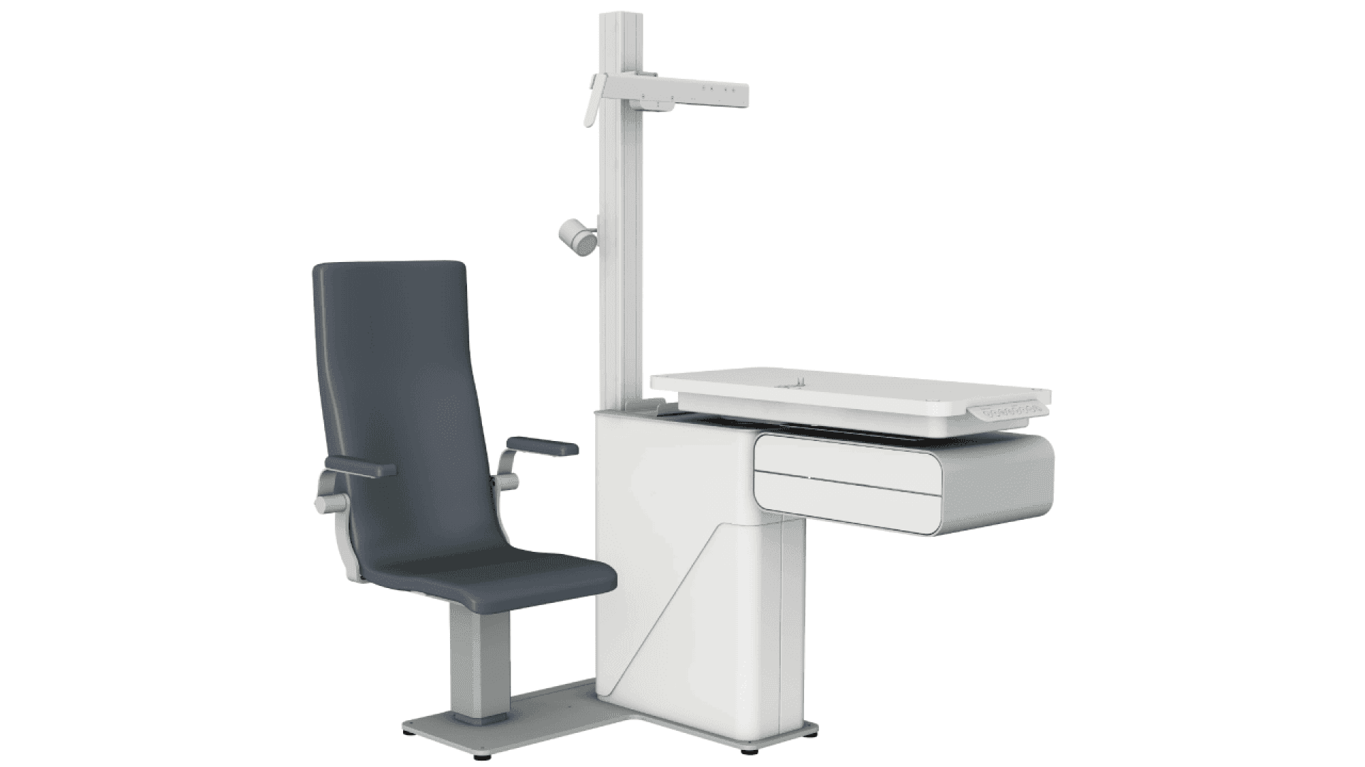 A modern ophthalmic examination chair and instrument stand, featuring a cushioned seat with armrests, an attached table, and adjustable equipment mounts, designed for eye exams in a clinical setting.