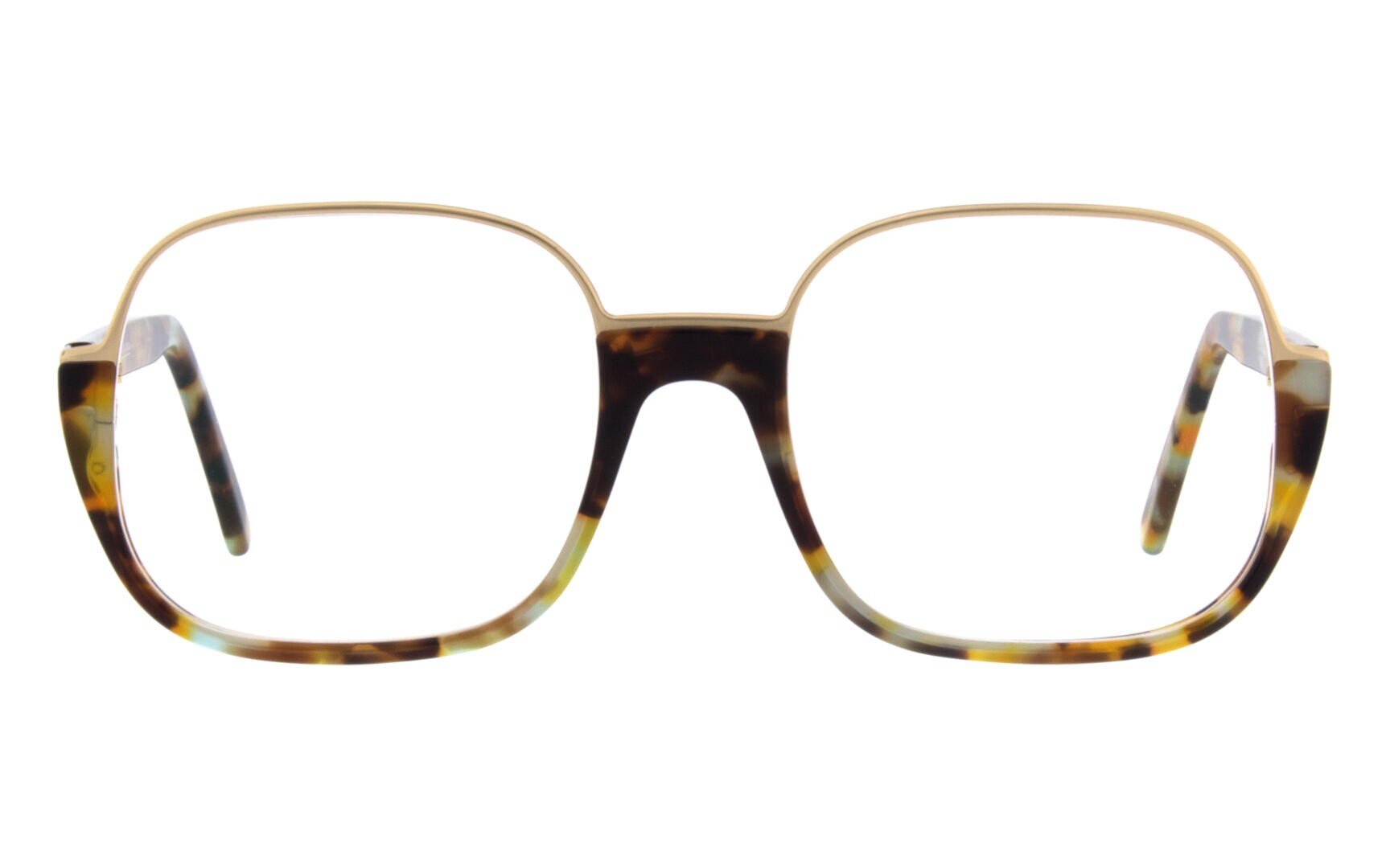 Rectangular tortoiseshell frame with gold accents, from the front against a white background.