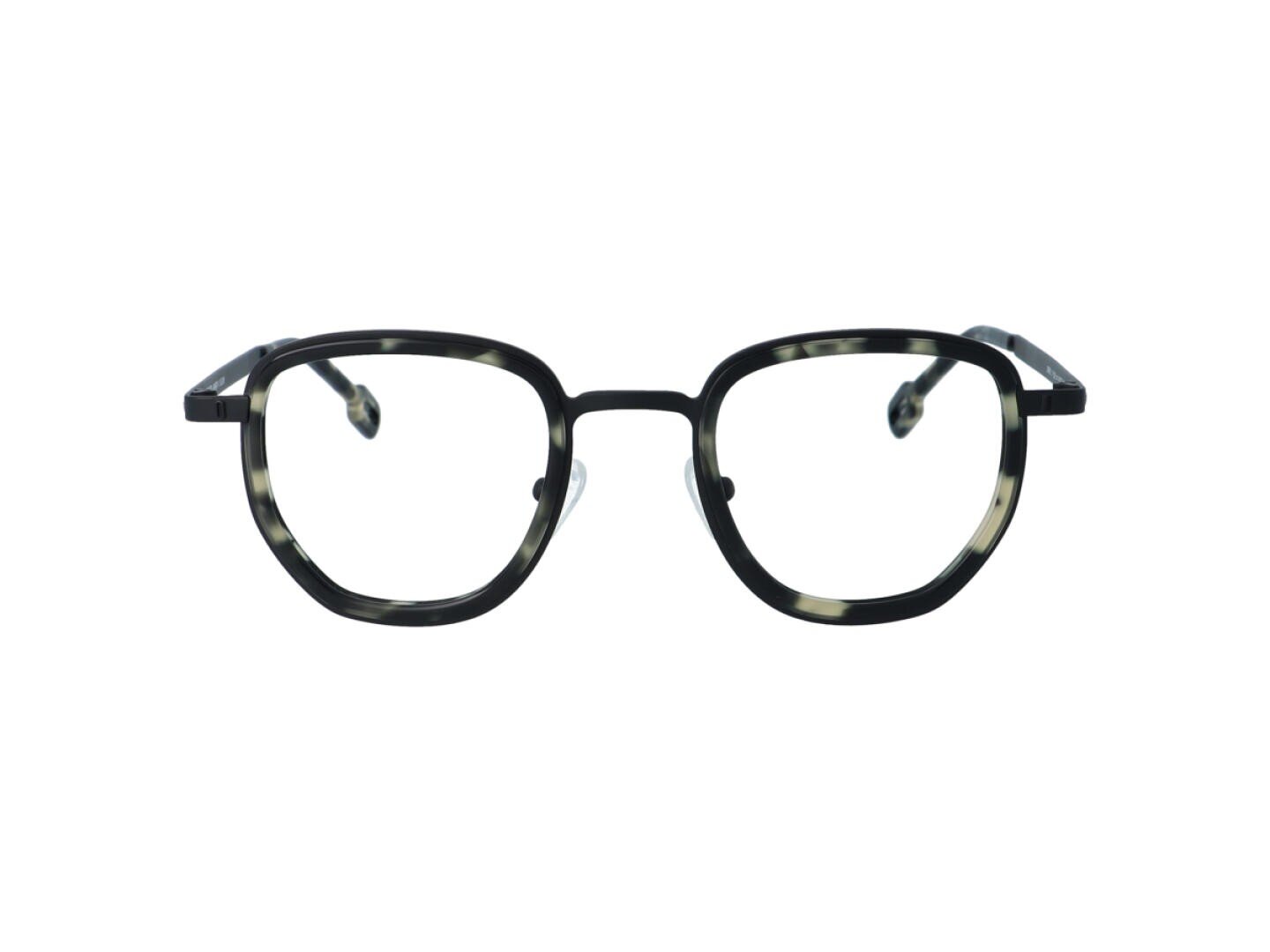 Runde Schildpattbrille mit klaren Gläsern, von vorne auf weißem Hintergrund.