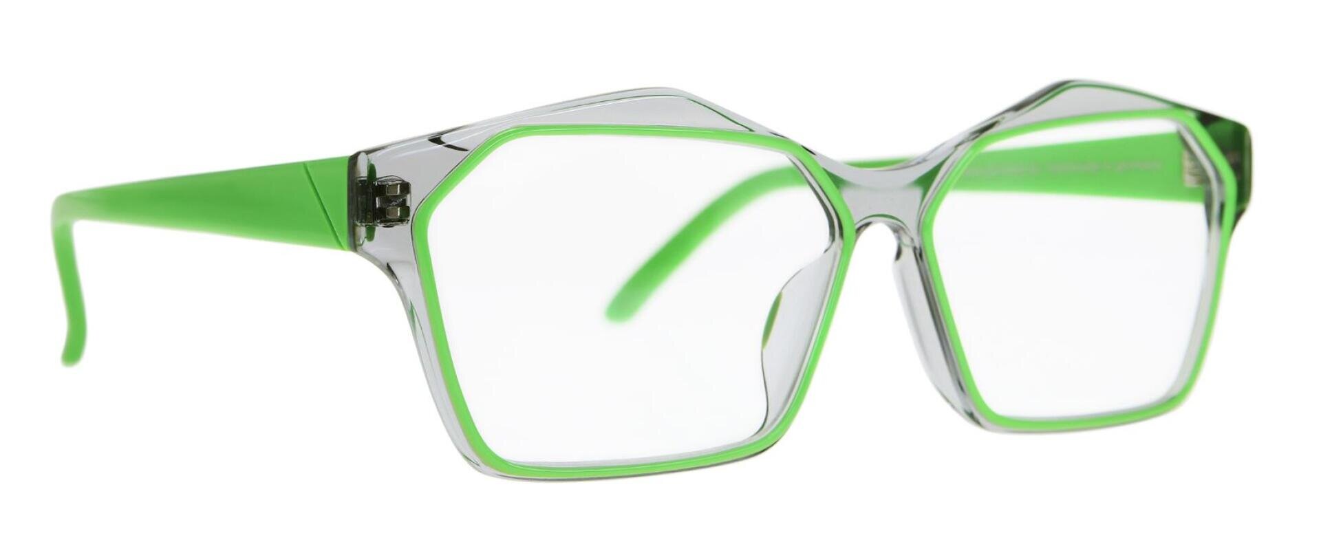 Eine Brille mit großem, geometrischem, klarem Rahmen in leuchtendem Grün und passenden, einfarbig grünen Bügeln. Das Design ist markant und modern.