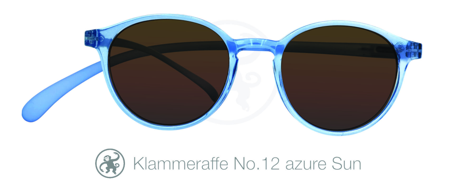 Blue round sunglasses with dark lenses, shown front-facing on a white background. Below, the text reads Klammeraffe No.12 azure Sun with a small monkey logo to the left of the text.