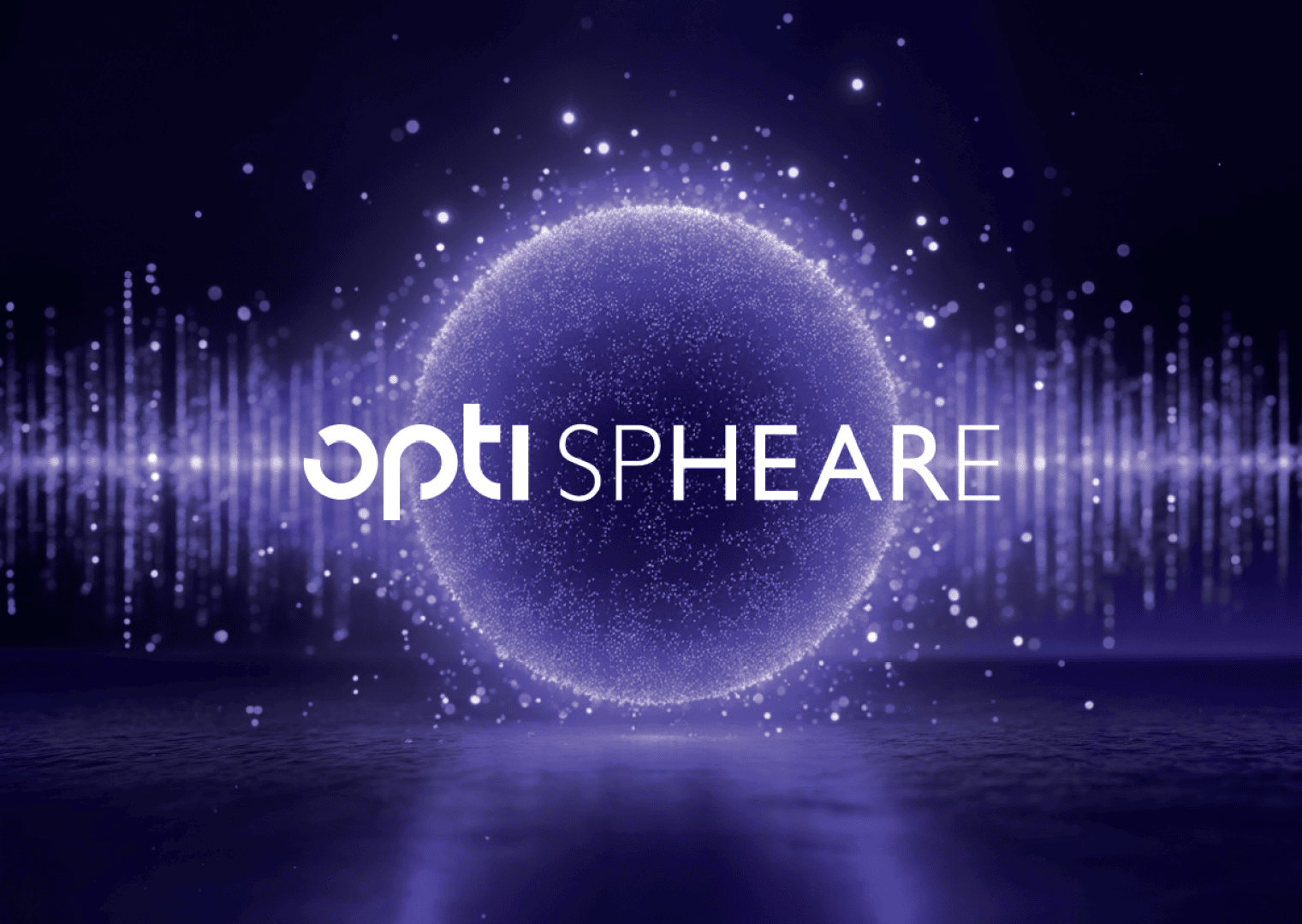 Eine leuchtende, strukturierte Kugel, umgeben von Glitzern und Schallwellenmustern auf dunklem Hintergrund, mit dem Text opti SPHEARE auf der Vorderseite in Weiß.