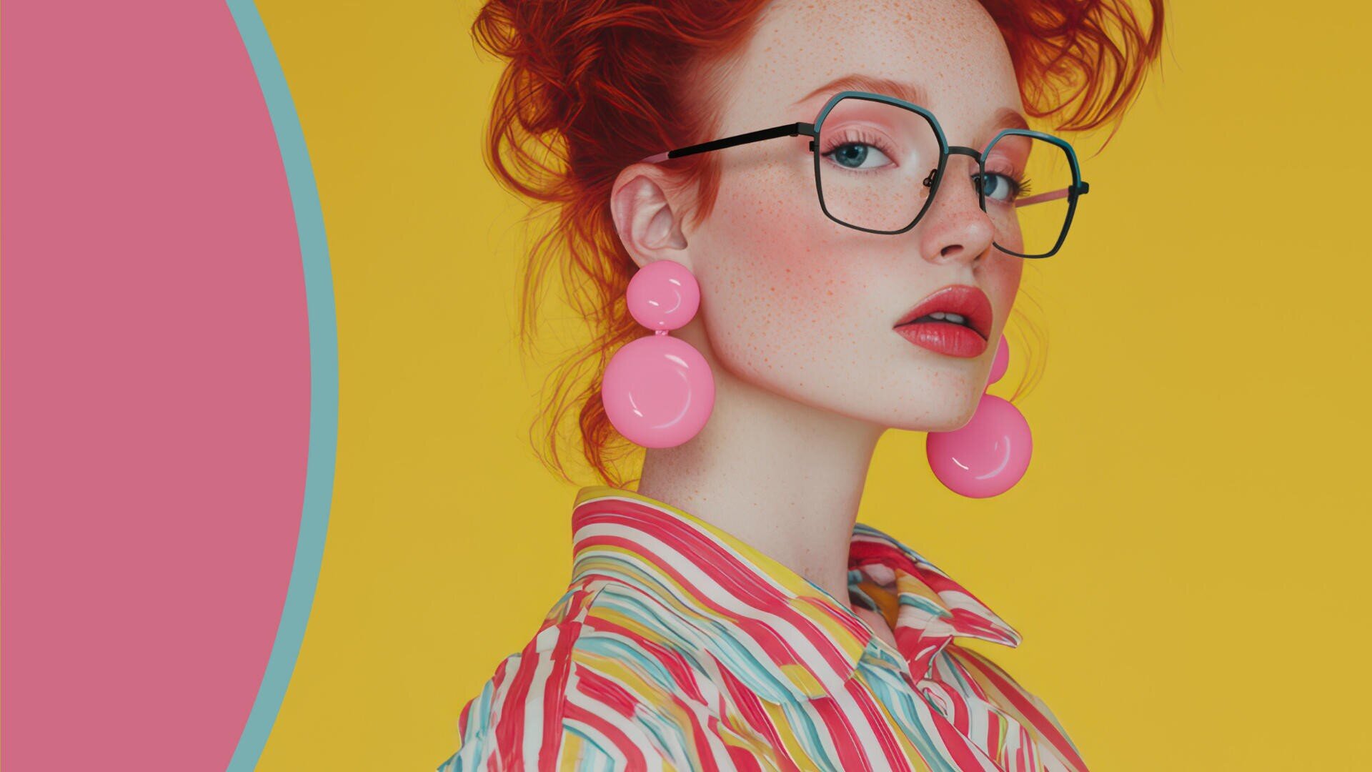 Eine Frau mit roten Locken, großer schwarzer Brille und leuchtend pinken Statement-Ohrringen posiert vor einem gelben Hintergrund. Sie trägt ein bunt gestreiftes Shirt und blickt selbstbewusst in die Kamera.