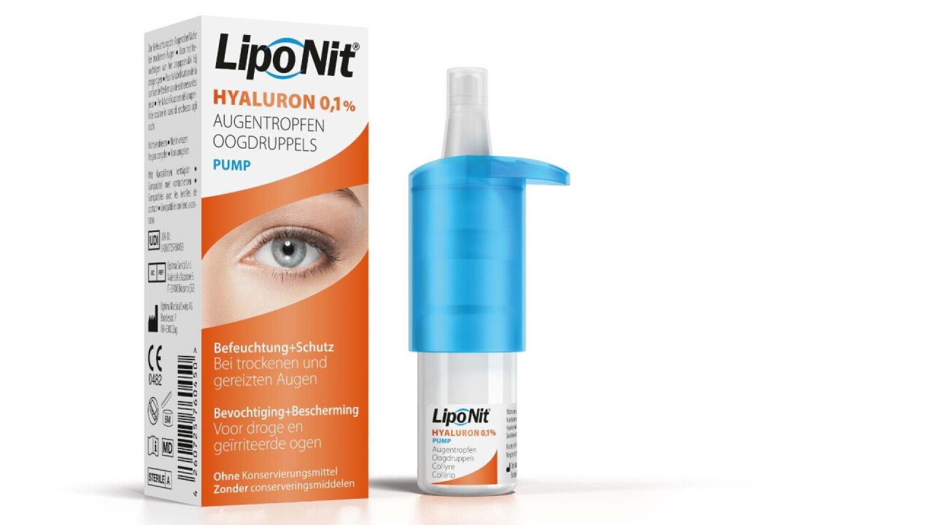 Box and bottle of LipoNit Hyaluron 0.1% eye drops. The box has an image of an eye and text in German and Dutch. The bottle has a blue pump cap and is placed next to the box.