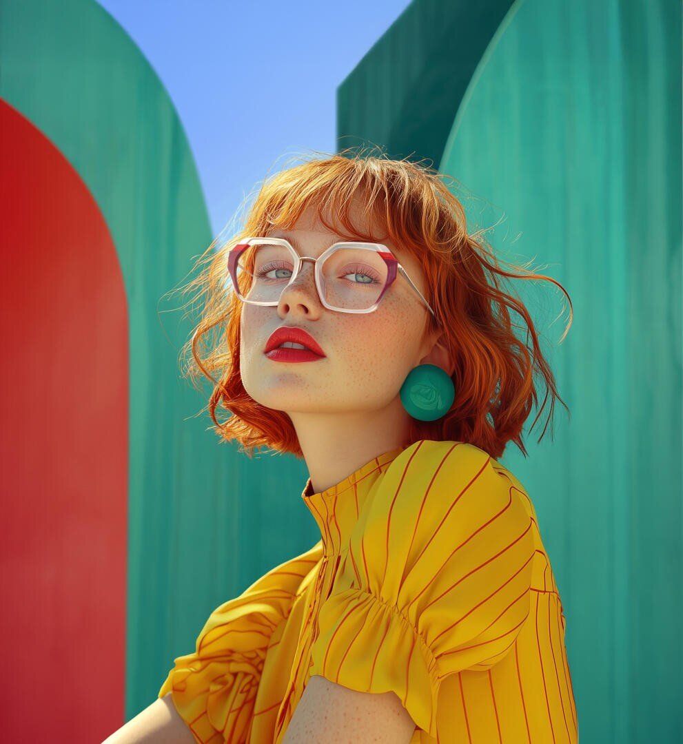 Eine junge Frau mit kurzen roten Haaren und Brille trägt ein gelb gestreiftes Oberteil und große blaugrüne Ohrringe und posiert selbstbewusst vor einem farbenfrohen, geometrischen Hintergrund.