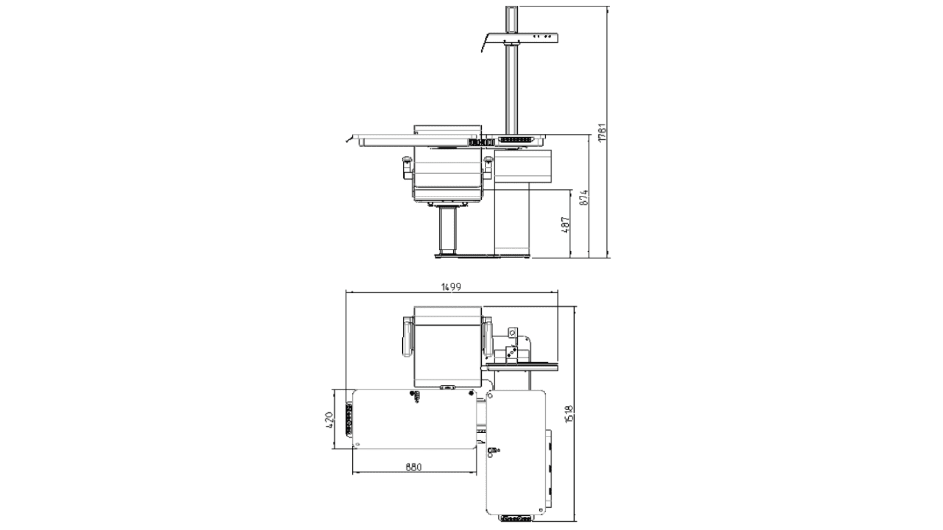 Technical drawing of a machine with two views, showing front and side profiles. Dimensions and structural details are labeled, including overall height, width, and depth in millimeters.