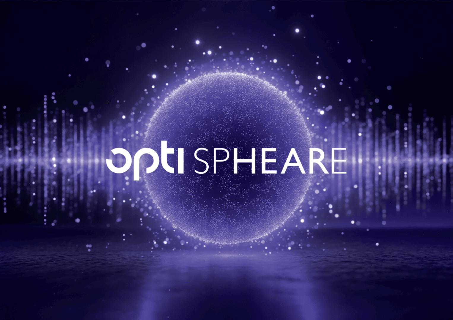Eine glühende lila Kugel mit funkelnden Partikeln sitzt in der Mitte auf einem dunklen Hintergrund, umgeben von Lichtwellen. Der Text opti SPHEARE wird in weißer, moderner Schrift über der Kugel angezeigt.