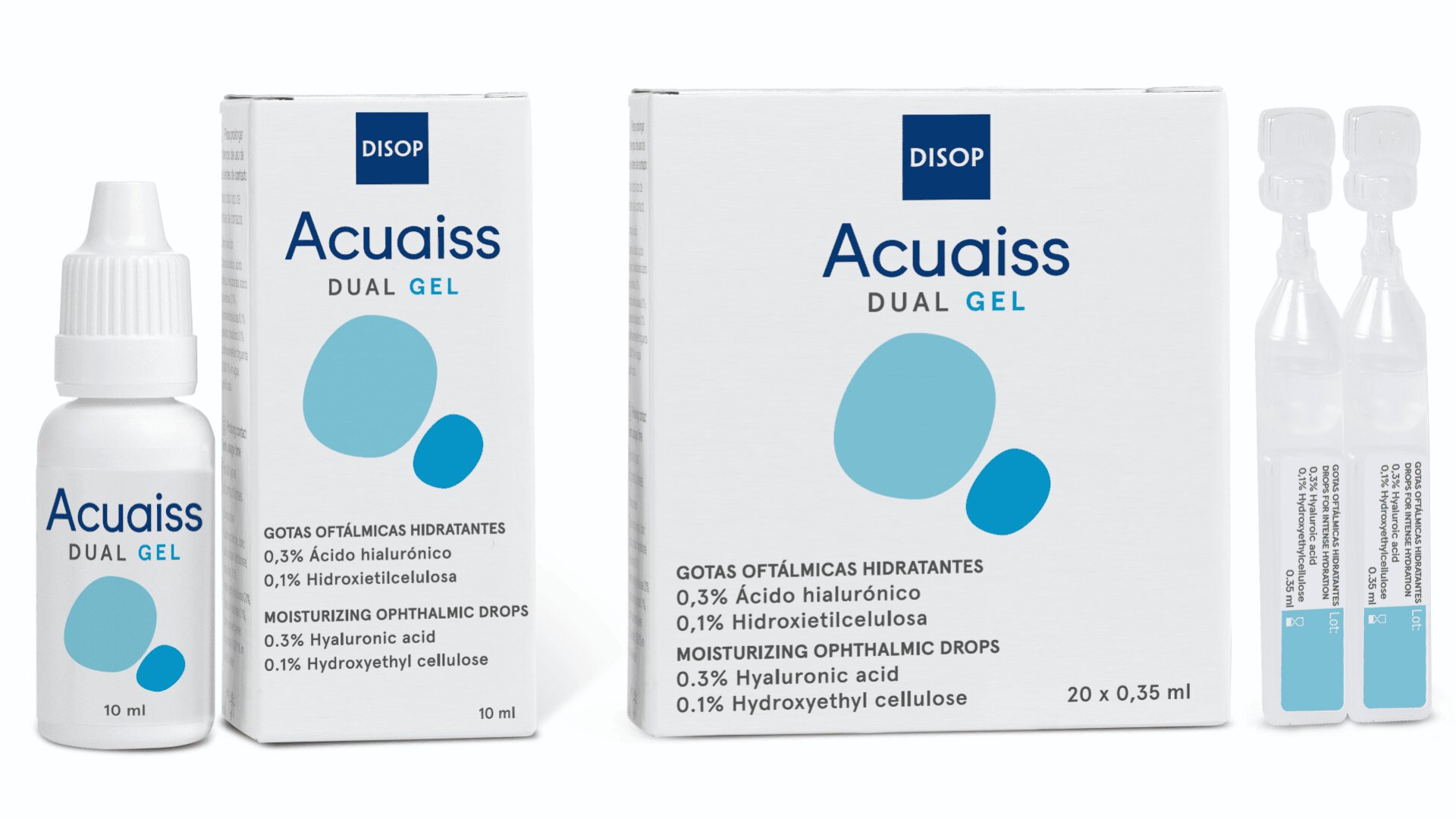 AcuAiss Dual Gel moisturizing ophthalmic drops by Disop. Image shows a 10 ml bottle, its box, a larger box of 20 single-dose vials, and two individual vials. White and blue packaging with product details visible.