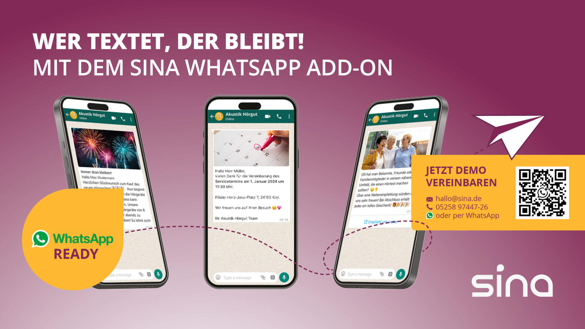 Drei Smartphones zeigen WhatsApp-Chats und werben für das SINA WhatsApp Add-on. Der Text hebt die einfache Demo-Buchung hervor. Enthält einen QR-Code, Kontaktinformationen und die Logos für WhatsApp und SINA auf einem lila Hintergrund.