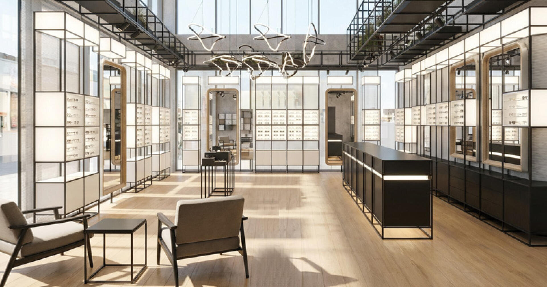 Modern, minimalist optician's store with a light wooden floor, large glass windows, black-framed display cabinets and slim shelves for glasses. Modern chairs and geometric lighting fixtures hang from the high ceiling.