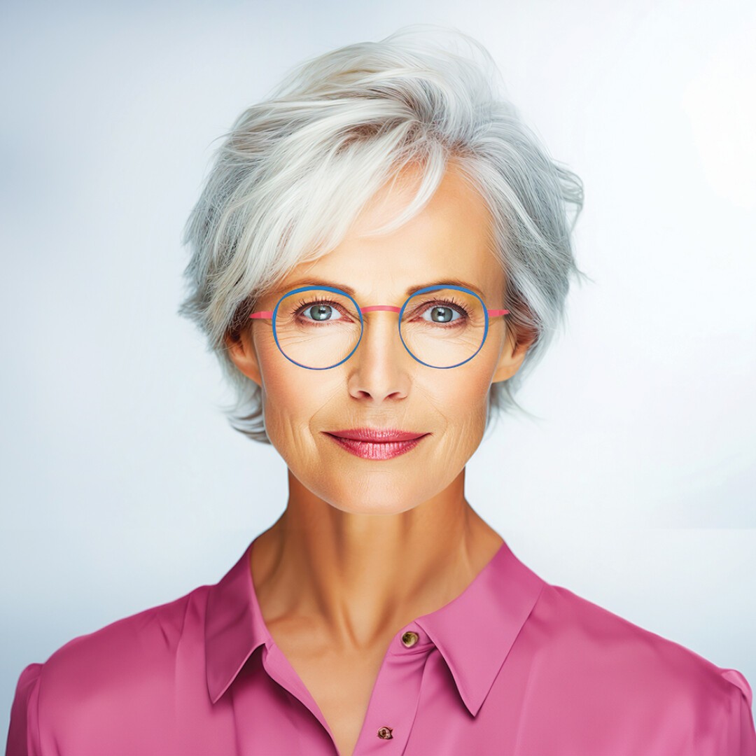 Eine selbstbewusste ältere Frau mit kurzen weißen Haaren, einer runden Brille und einer leuchtend rosa Bluse steht vor einem hellen Hintergrund und blickt mit einem leichten Lächeln direkt in die Kamera.