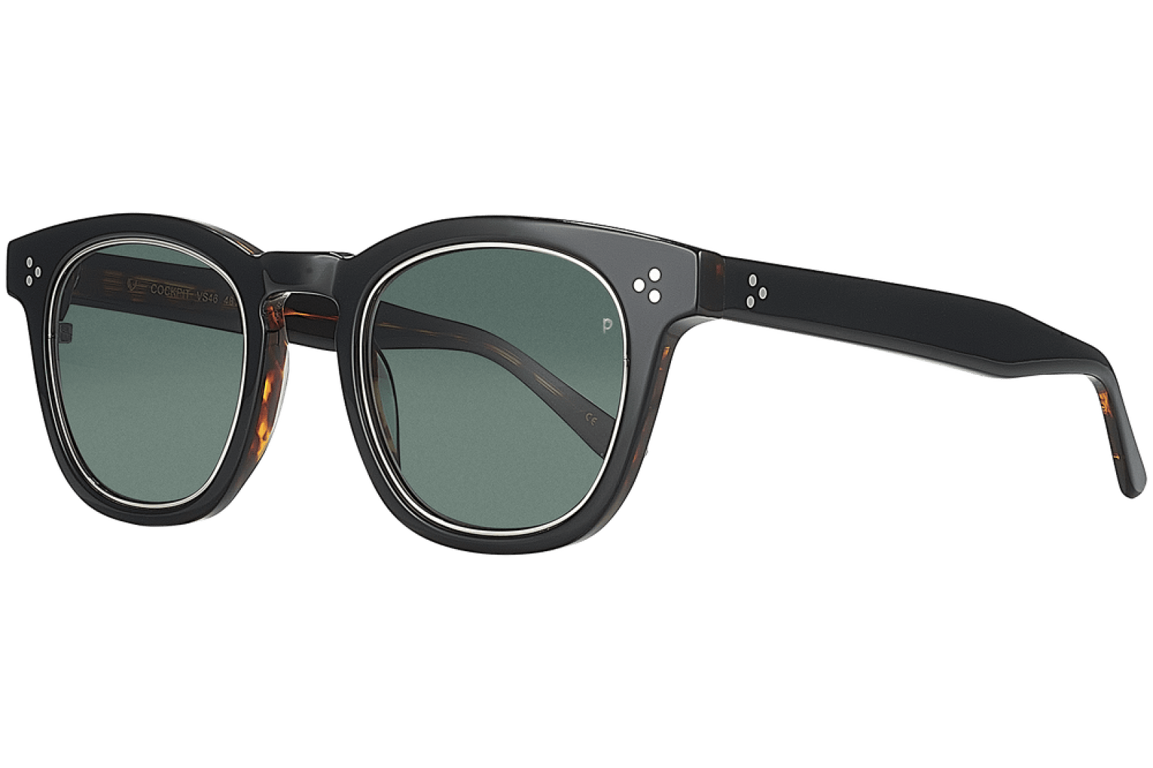 A pair of black rectangular sunglasses with green tinted lenses, silver rivet details on the frame, and subtle tortoiseshell accents on the inner arms.
