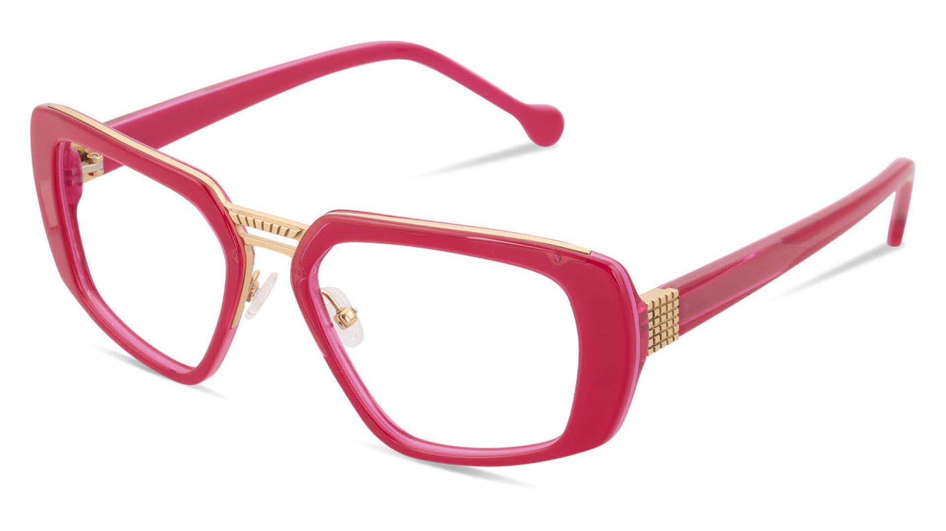 Rot-goldene Brille mit quadratischem Rahmen, goldenen Details an den oberen Rändern und klaren Nasenpads. Die Bügel sind rot und gerade, mit einem kleinen goldenen Akzent in der Nähe der Scharniere.