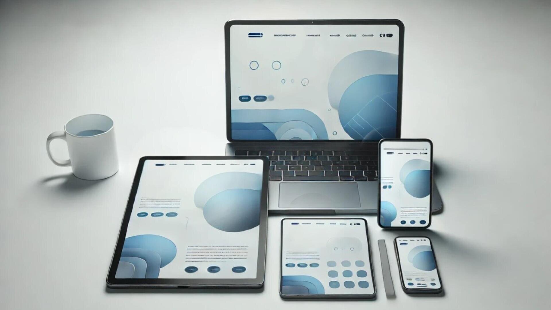 A laptop, two tablets, and two smartphones display matching blue-and-white website designs on a white desk, with a white coffee mug placed to the side.