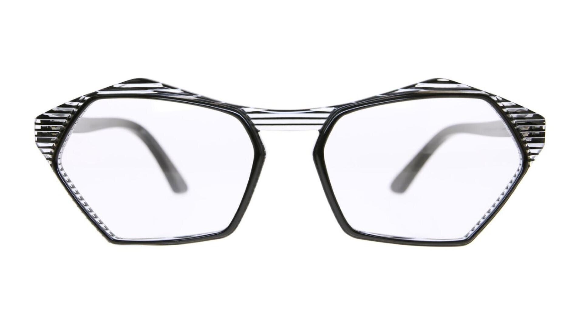 A pair of eyeglasses with large, geometric pentagon-shaped frames and black-and-white striped detailing along the top and sides. The lenses are clear, and the temples curve outward.
