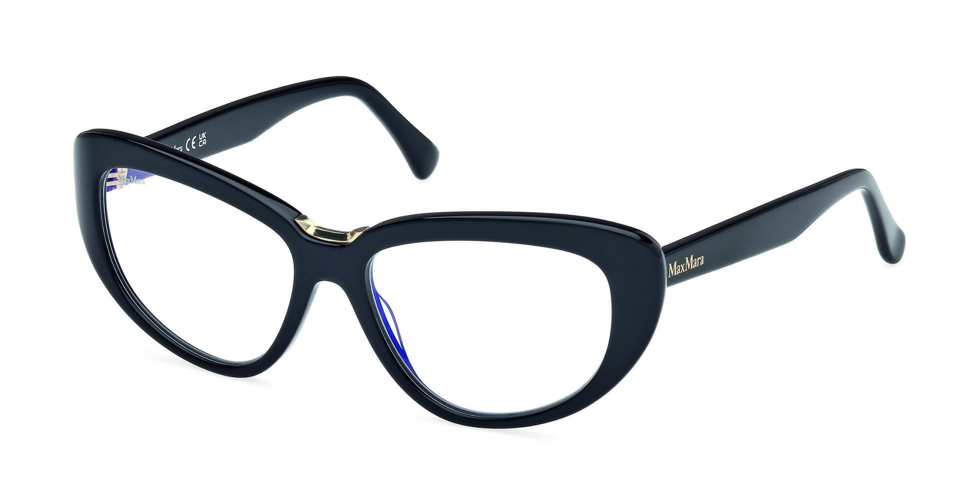 Schwarze Cat-Eye-Brille mit dickem Rahmen und klaren Gläsern, mit einem kleinen goldenen Akzent in der Nähe des Stegs und dem Max Mara Schriftzug am Bügel.