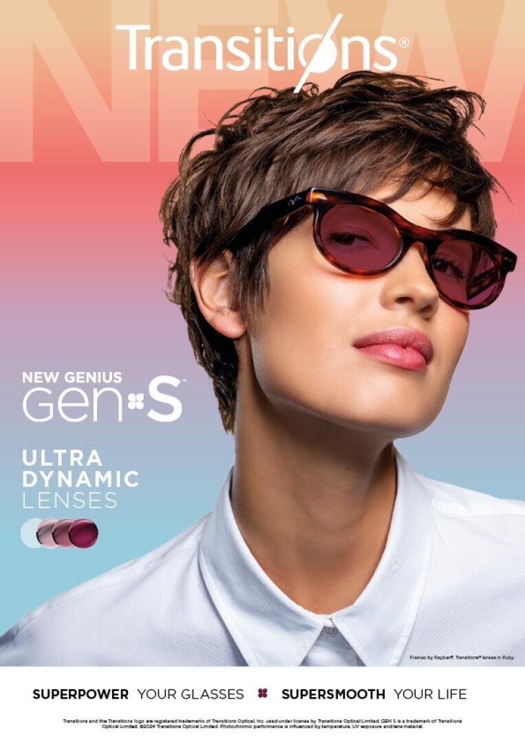 Eine Person mit kurzen braunen Haaren, einer rosa getönten Brille und einem weißen Hemd posiert selbstbewusst vor einem pastellfarbenen Hintergrund mit Farbverlauf. Der Text wirbt für „Transitions GEN S Ultra Dynamic Lenses“ und hebt die Produkteigenschaften hervor.