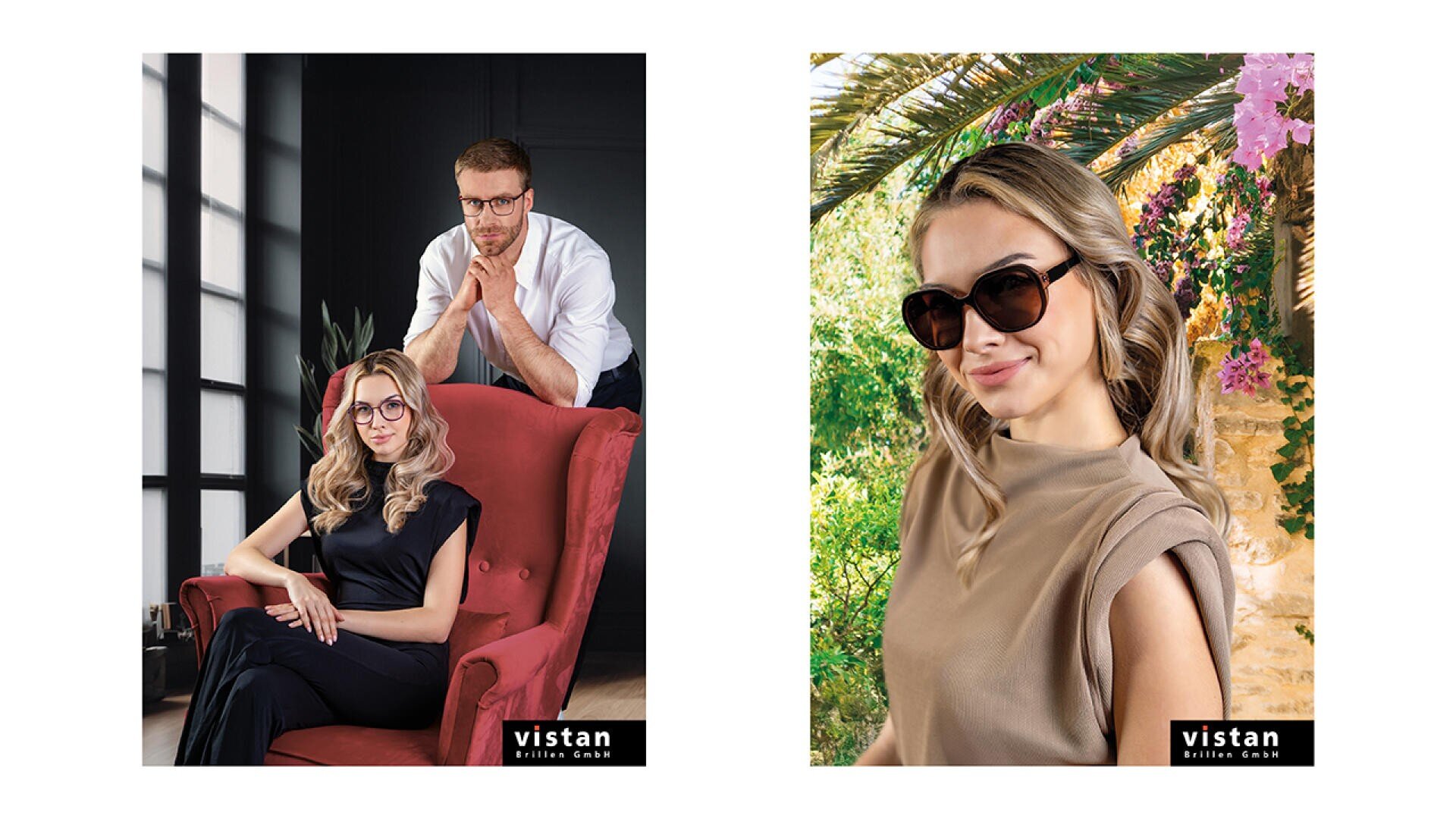 Geteiltes Bild: Links sitzt eine Frau auf einem roten Stuhl, hinter ihr steht ein Mann in einem modernen Raum. Auf der rechten Seite trägt dieselbe Frau eine Sonnenbrille und steht draußen in der Nähe von Blumen und einer Steinmauer. Beide Bilder tragen das Vistan-Logo.