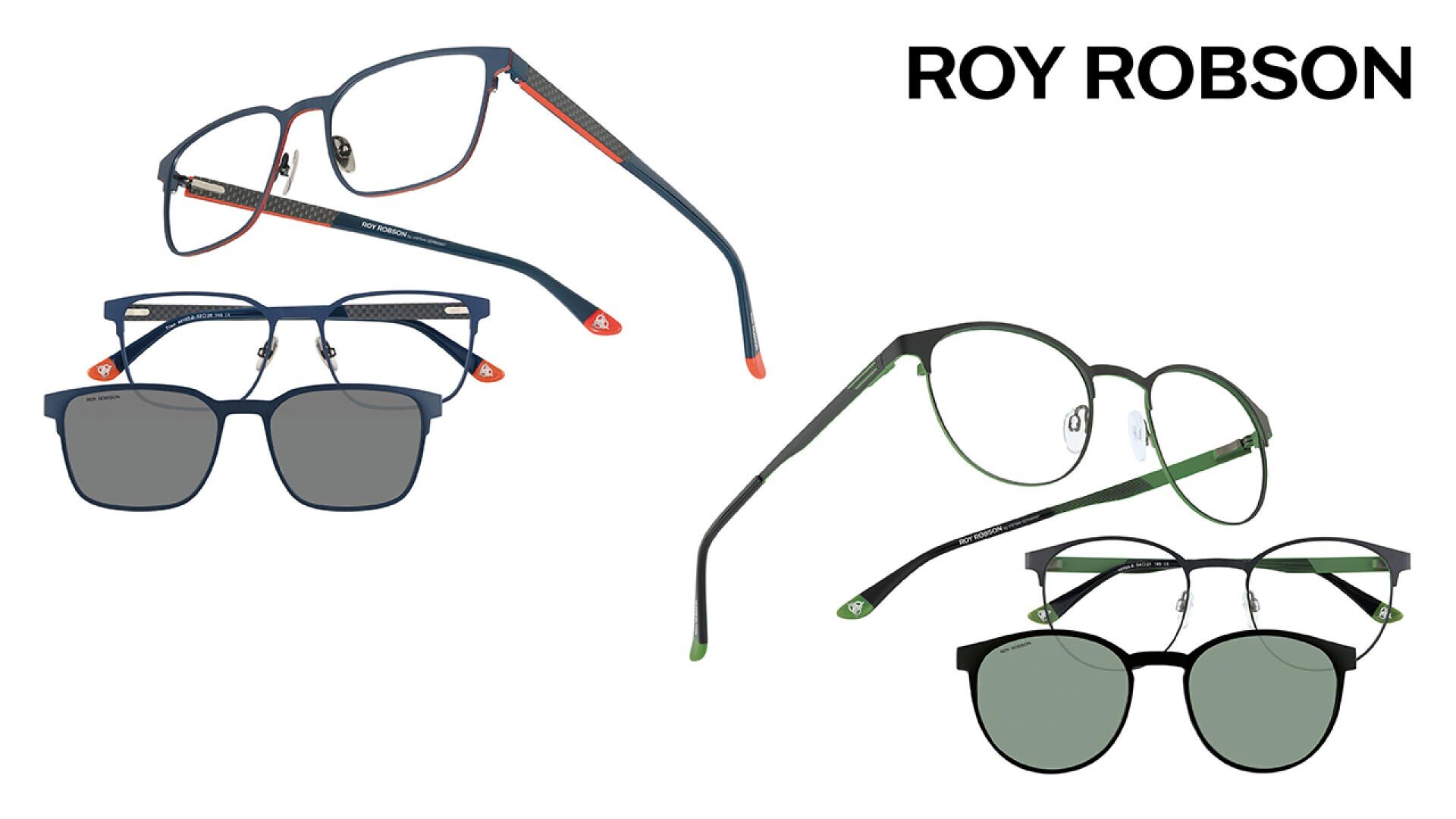 Fünf Brillen von Roy Robson in verschiedenen Stilen und Farben, einschließlich blauer, schwarzer und grüner Rahmen, auf weißem Hintergrund mit dem ROY ROBSON Logo in der oberen rechten Ecke.