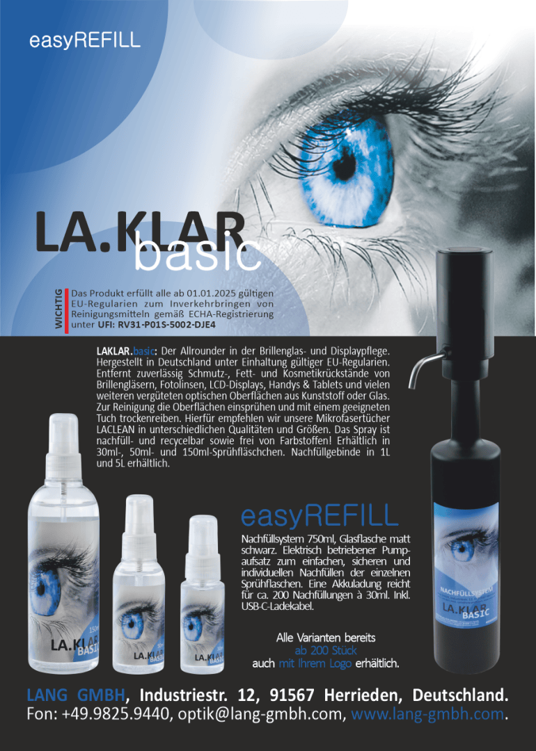 Werbung für LA.KLAR Basis-Reinigungsprodukte mit Flaschen und Sprays mit blauen Augengrafiken, Produktinformationen, Kontaktangaben und einem blauen Farbschema. Der Text beschreibt die Verwendung und Nachfüllmöglichkeiten für die Brillen- und Displayreinigung.
