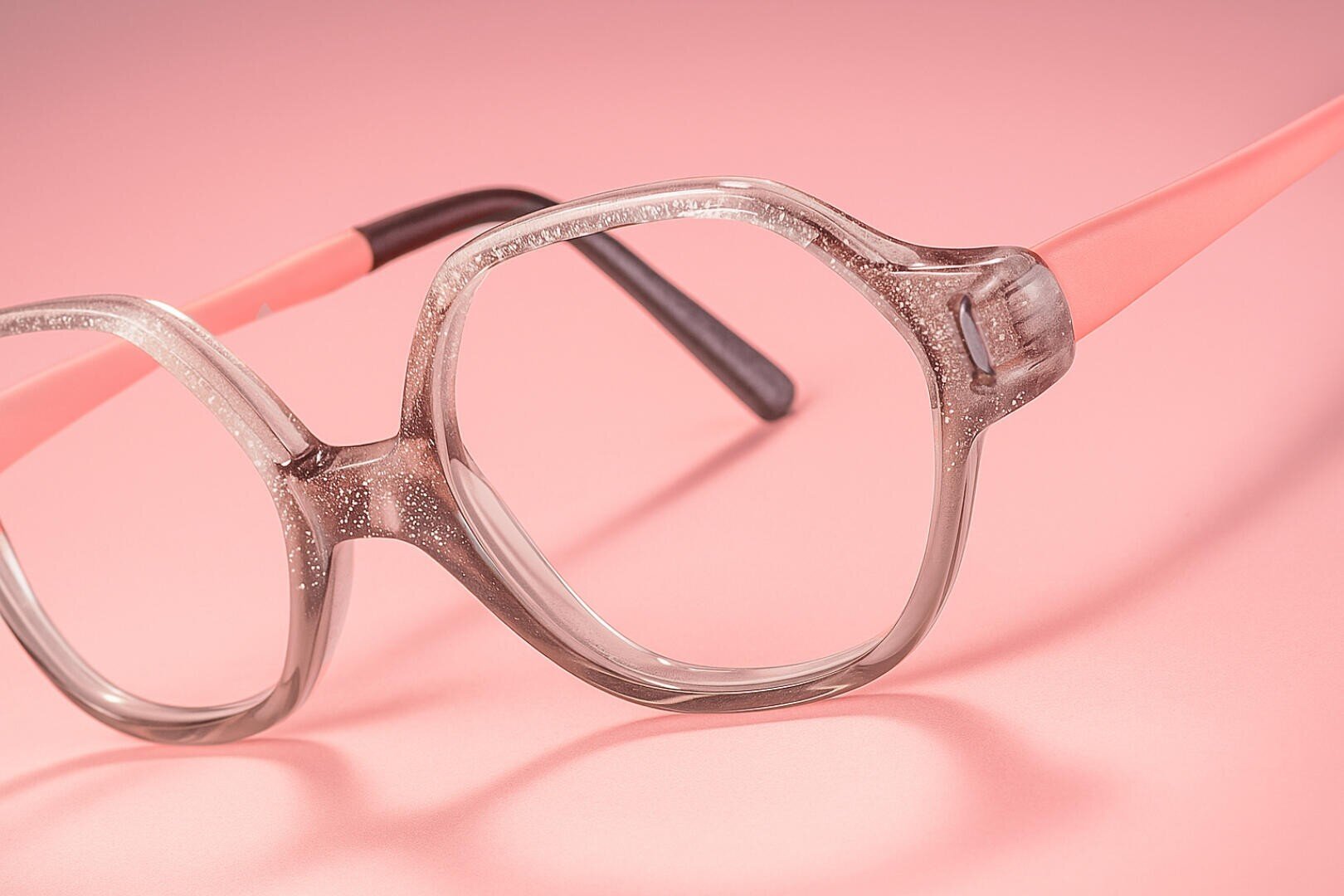 Eine Nahaufnahme einer runden, transparenten Brille mit glitzernden Rahmen und rosa Bügeln auf einem rosa Hintergrund.