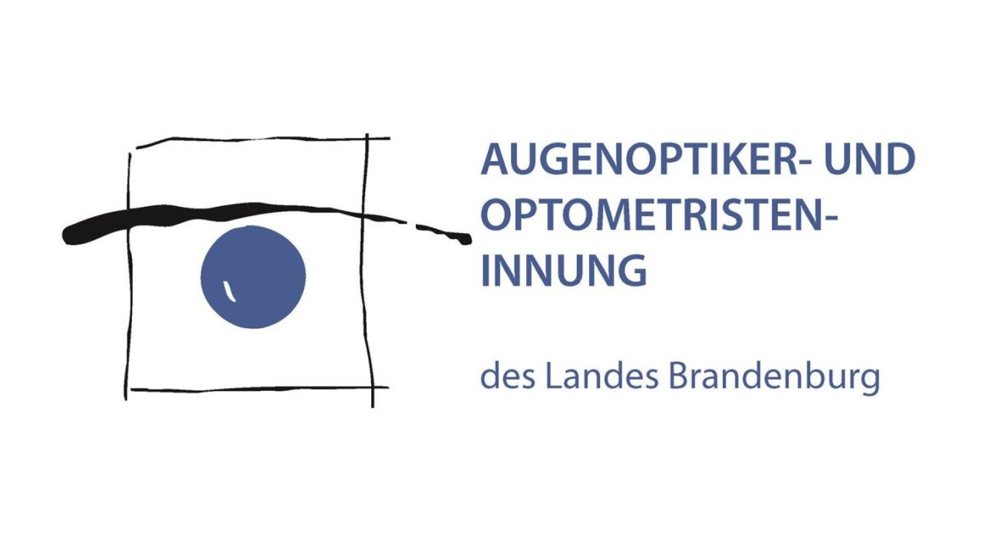 Logo with abstract black and blue drawing resembling an eye, and German text: AUGENOPTIKER- UND OPTOMETRISTEN-INNUNG des Landes Brandenburg.