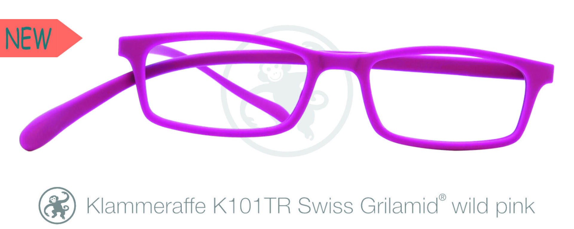 Leuchtend rosafarbene, rechteckige Brillengestelle werden auf weißem Hintergrund präsentiert. In der oberen linken Ecke befindet sich ein rotes „NEU“-Etikett und darunter der Text „Klammeraffe K101TR Swiss Grilamid Wild Pink“.