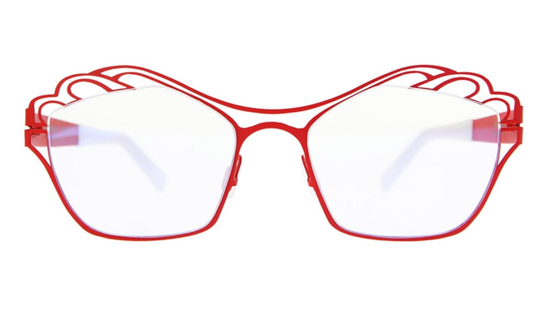 Red eyeglass frames with large, geometric lenses and unique, layered wing-like designs above both lenses. The design is bold and artistic, giving a modern and whimsical look.