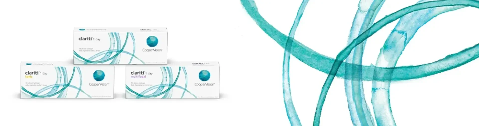 Drei weiße Schachteln mit Clariti 1-Tages-Kontaktlinsen von CooperVision sind auf einem weißen Hintergrund mit aquarellfarbenen Wirbelmotiven gestapelt, die zu den abstrakten Wirbeln auf der rechten Seite des Bildes passen.