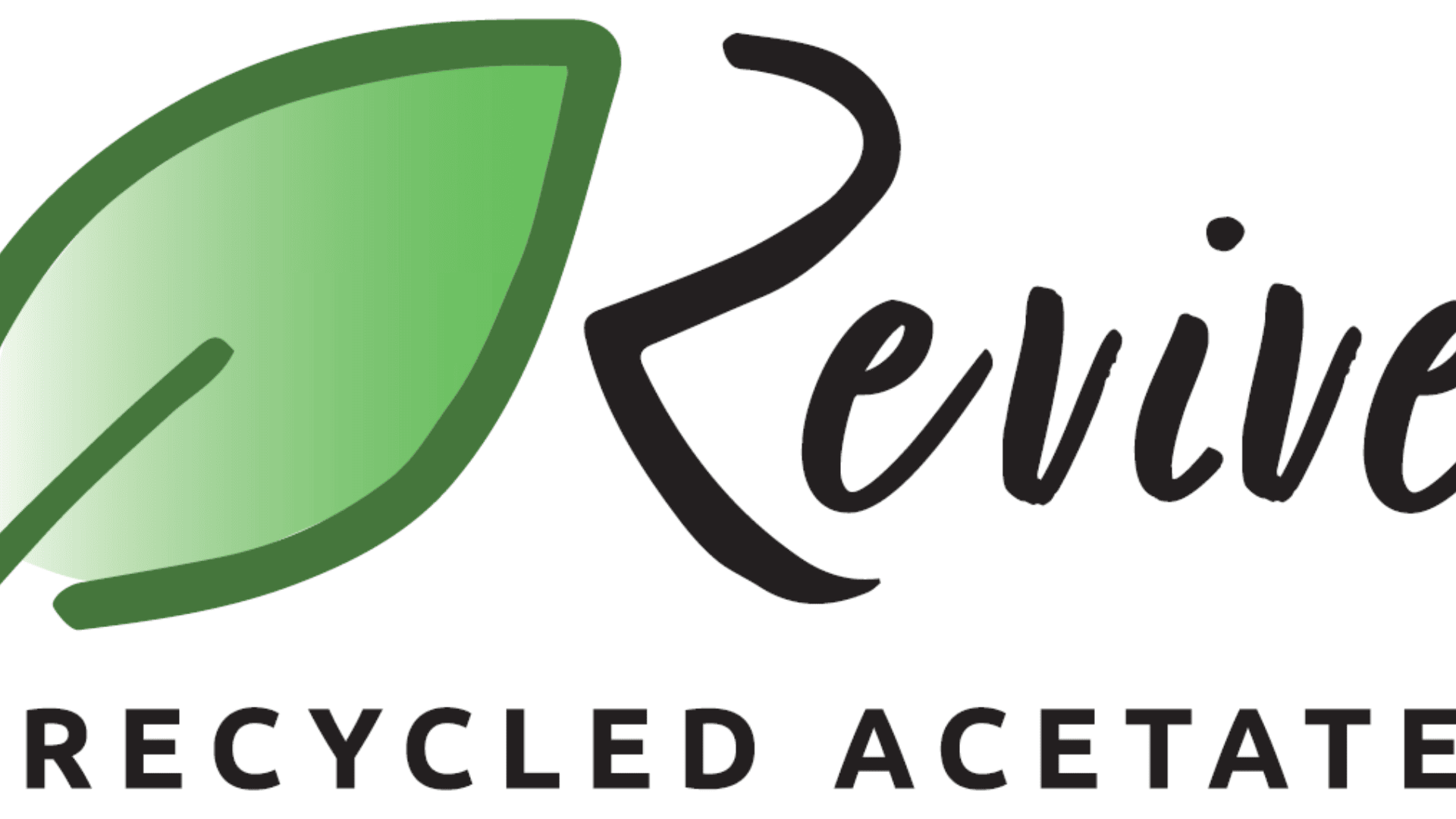 Eine grüne Blattgrafik neben dem Wort „Revive“ in einer Schreibschrift, darunter „RECYCLED ACETATE“ in Großbuchstaben.
