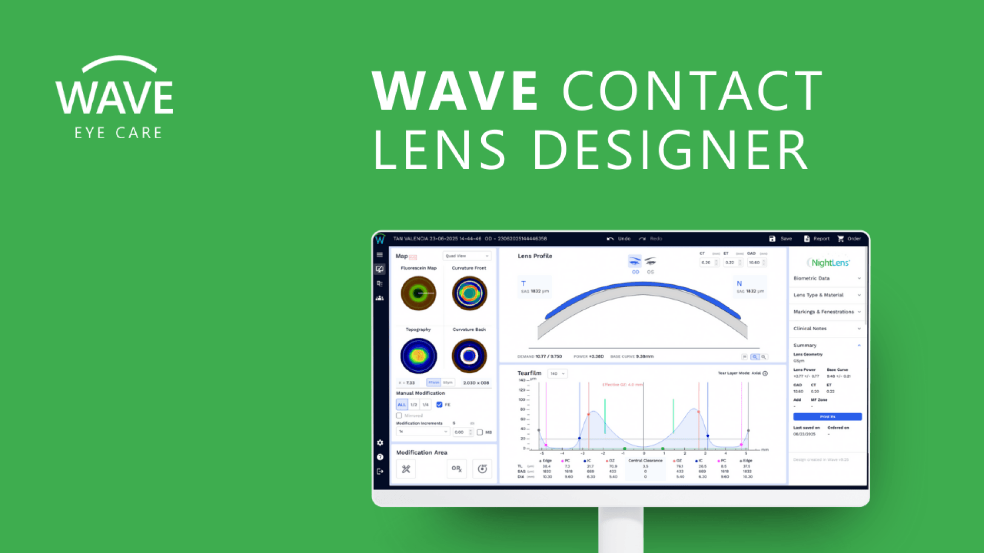 Auf einem Computermonitor wird die Softwareoberfläche des Wave Contact Lens Designers mit Diagrammen und Kreisdiagrammen vor einem grünen Hintergrund mit dem Text WAVE CONTACT LENS DESIGNER und dem Wave Eye Care-Logo angezeigt.