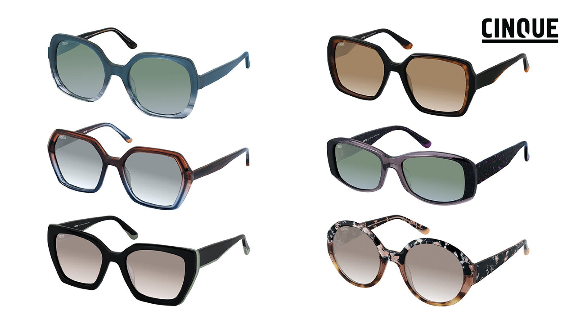 Sechs modische Sonnenbrillen in verschiedenen Formen und Farben sind vor einem weißen Hintergrund abgebildet. Das Logo der Marke CINQUE befindet sich in der oberen rechten Ecke.