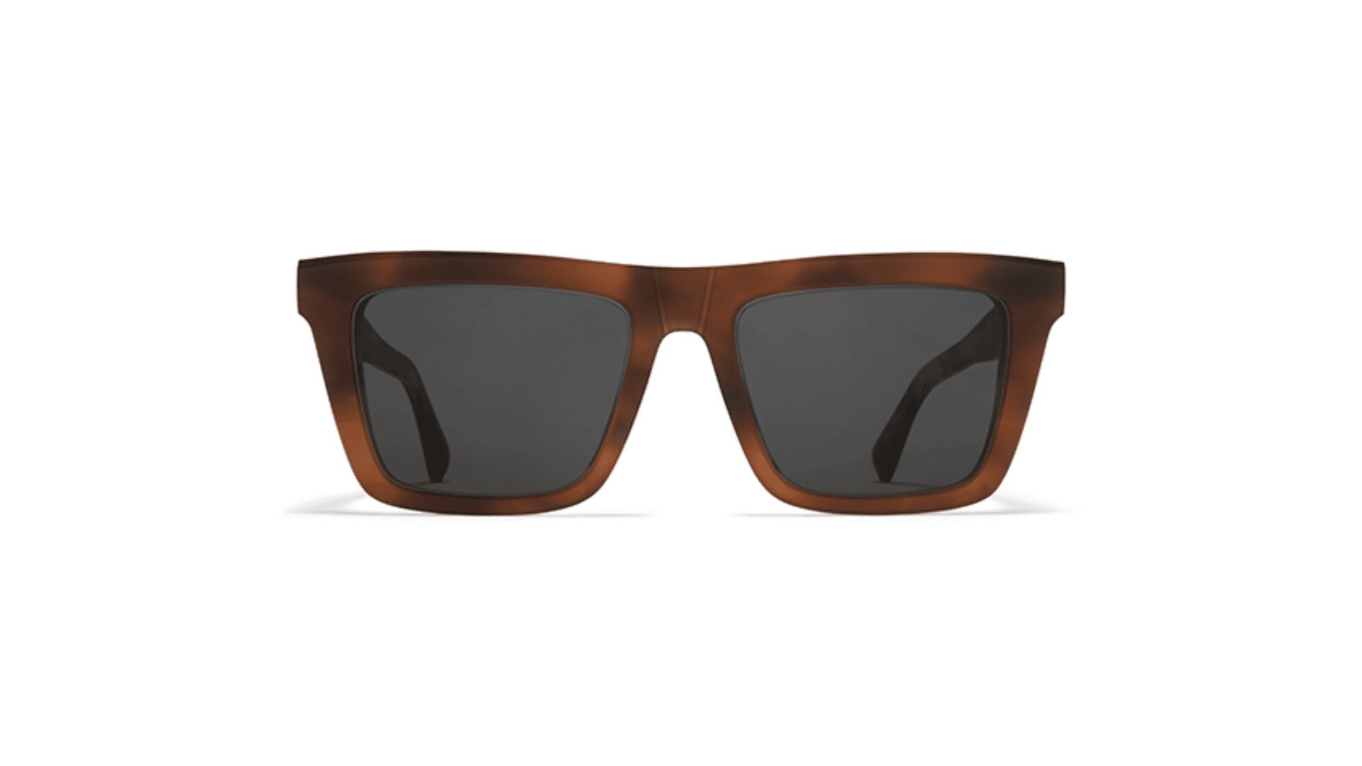 A pair of sunglasses with thick, rectangular, matte brown frames and dark tinted lenses, displayed against a plain white background.