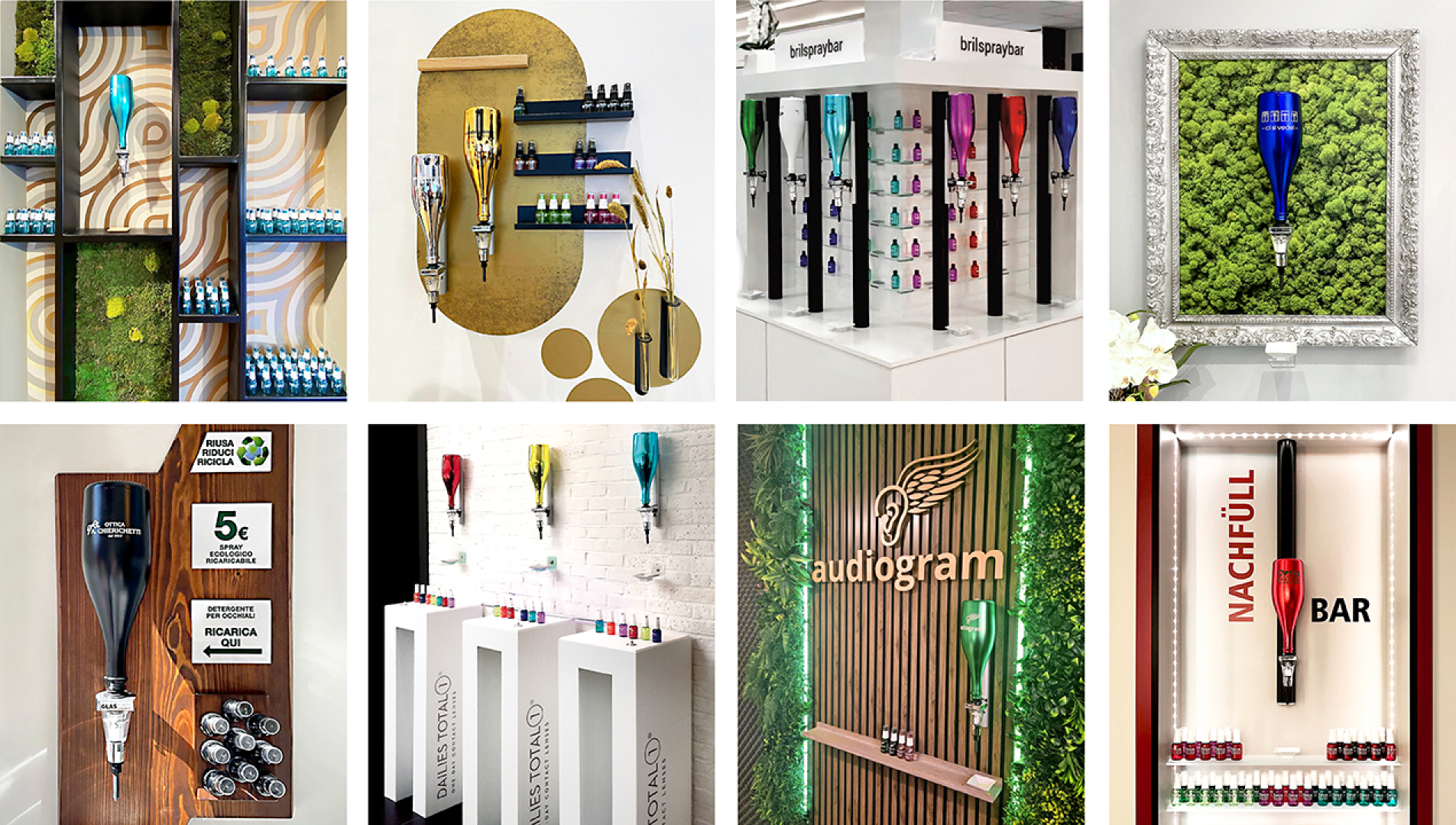 A collage of eight displays with colorful bottle dispensers mounted on walls with various decorative backgrounds such as plants, art frames and shelves with small bottles.
