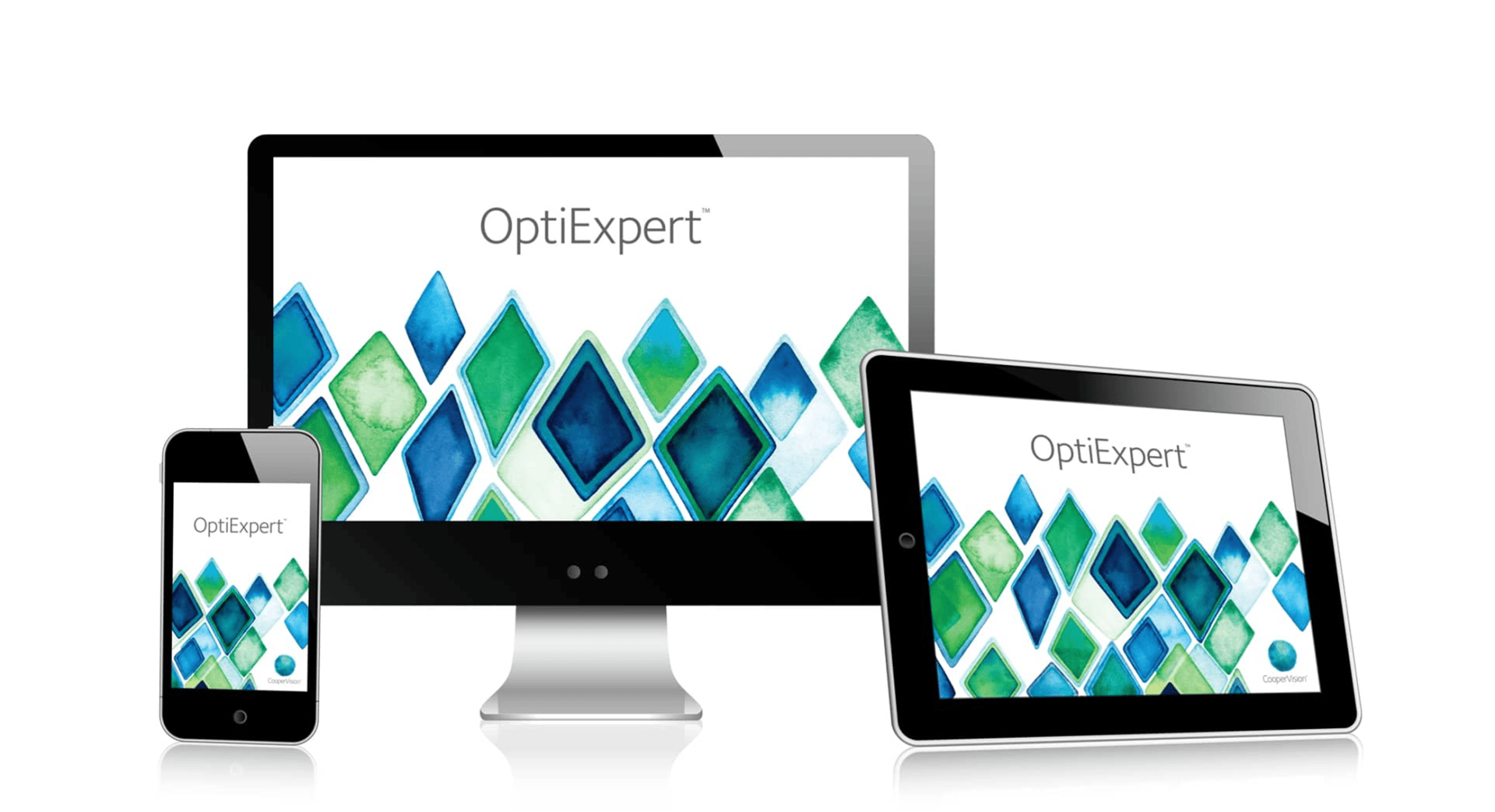 Auf einem Smartphone, einem Computermonitor und einem Tablet wird das OptiExpert-Logo über einem Muster aus blauen und grünen geometrischen Rauten auf weißem Hintergrund angezeigt.