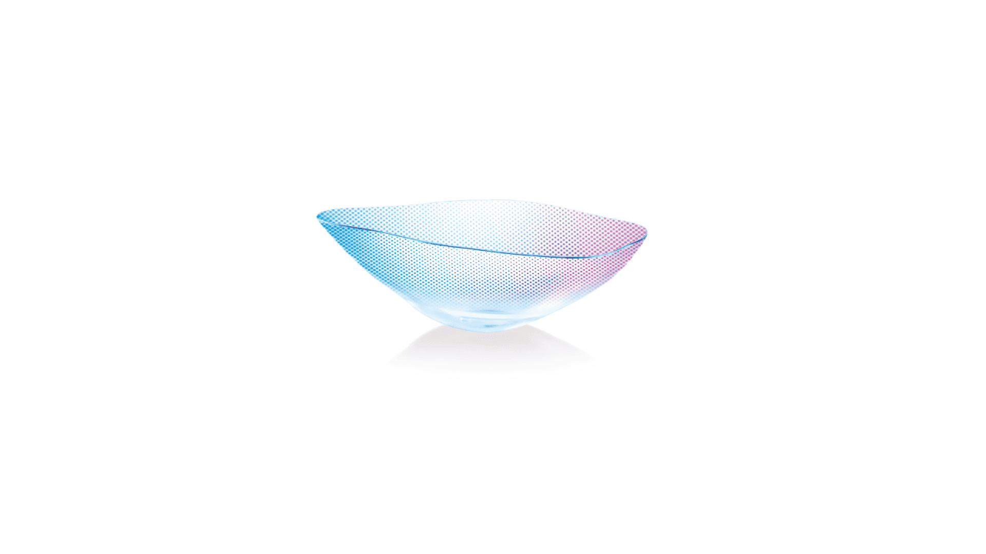 A translucent, shallow bowl with a curved rim, displaying a gradient of blue and purple hues and a fine dotted pattern, set against a white background.