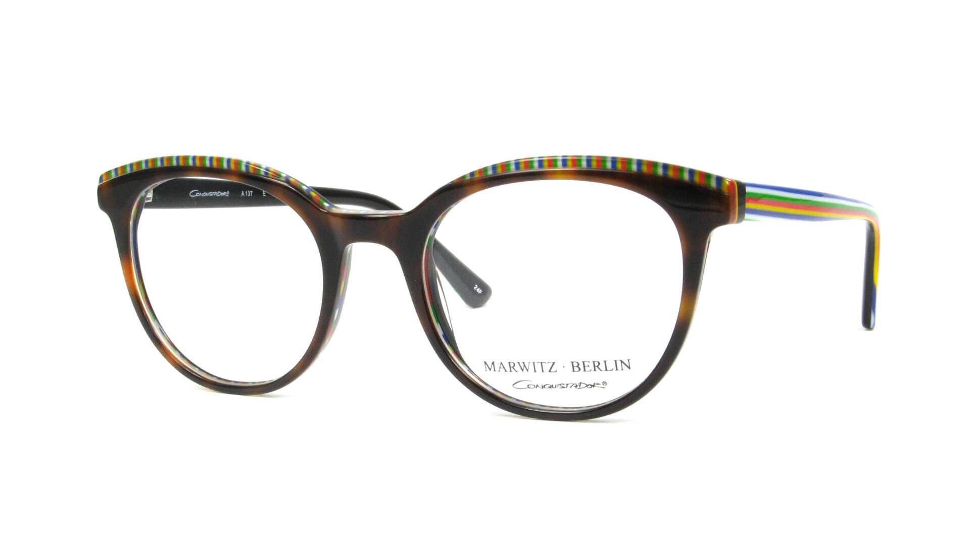 Round eyeglasses with dark brown frames and a subtle tortoiseshell pattern, featuring rainbow-striped accents along the top edge and temples. The inside of the left lens reads “MARWITZ · BERLIN.”.