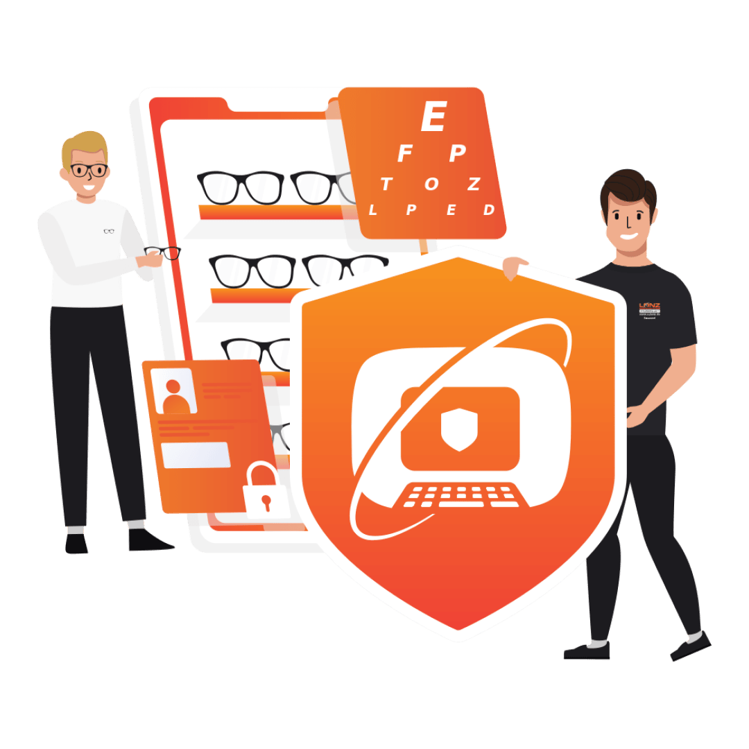 Zwei Cartoon-Personen stehen mit einem überdimensionalen Schild, das einen Laptop und ein Schildsymbol zeigt. Hinter ihnen befinden sich Brillen, eine Augenuntersuchung, ein Ausweis und ein Schloss, die Augenpflege und Datensicherheit symbolisieren.