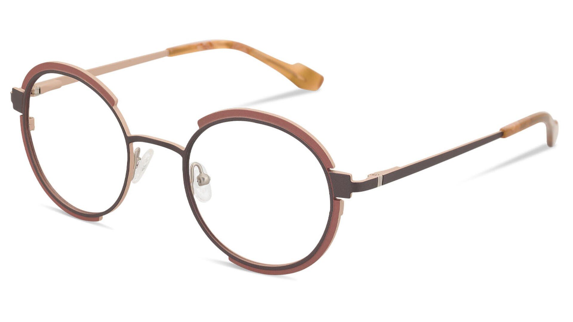 Eine runde Brille mit braunem Metallrahmen, klaren Gläsern, verstellbaren Nasenpads und dünnen Bügeln, die in hellbraunen Spitzen enden.