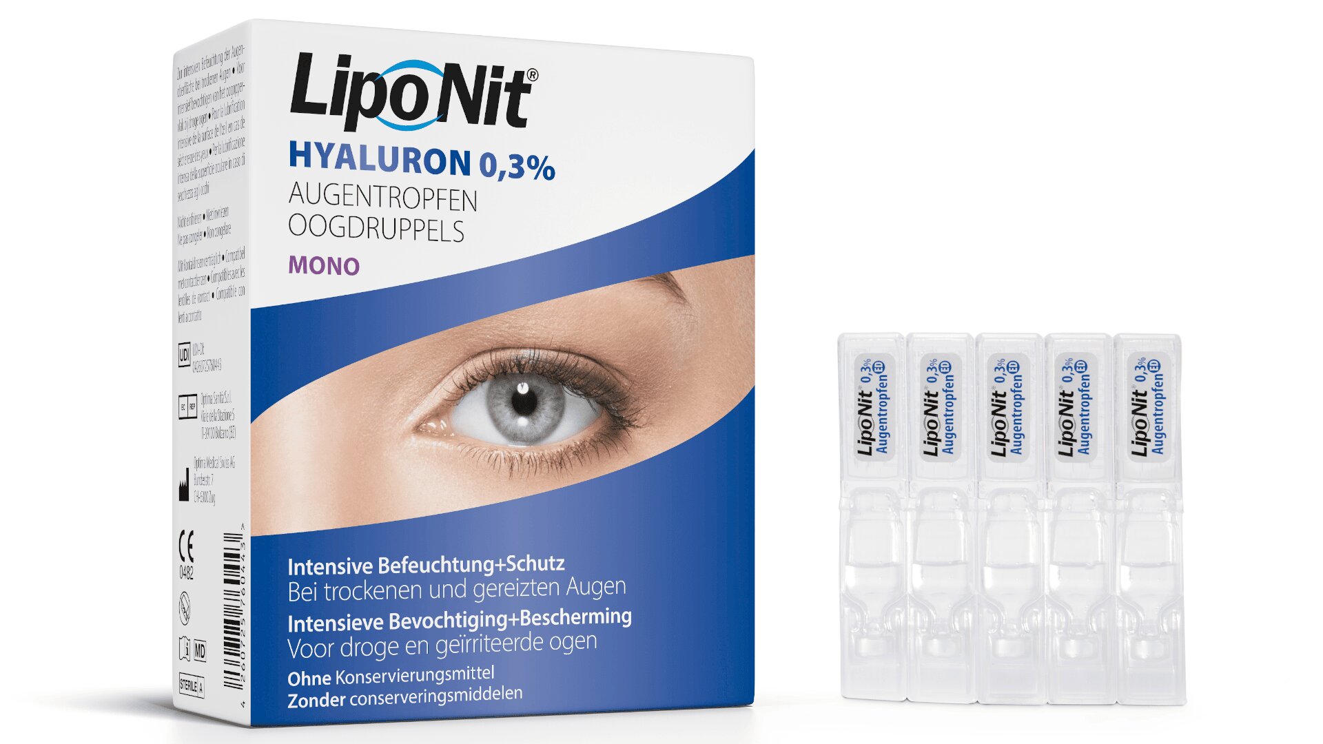 Schachtel mit LipoNit Hyaluron 0,3 % Augentropfen mit der Abbildung eines Auges auf der Vorderseite, daneben vier Einzeldosisfläschchen des Produkts. Die Verpackung enthält Text in Deutsch und Niederländisch.