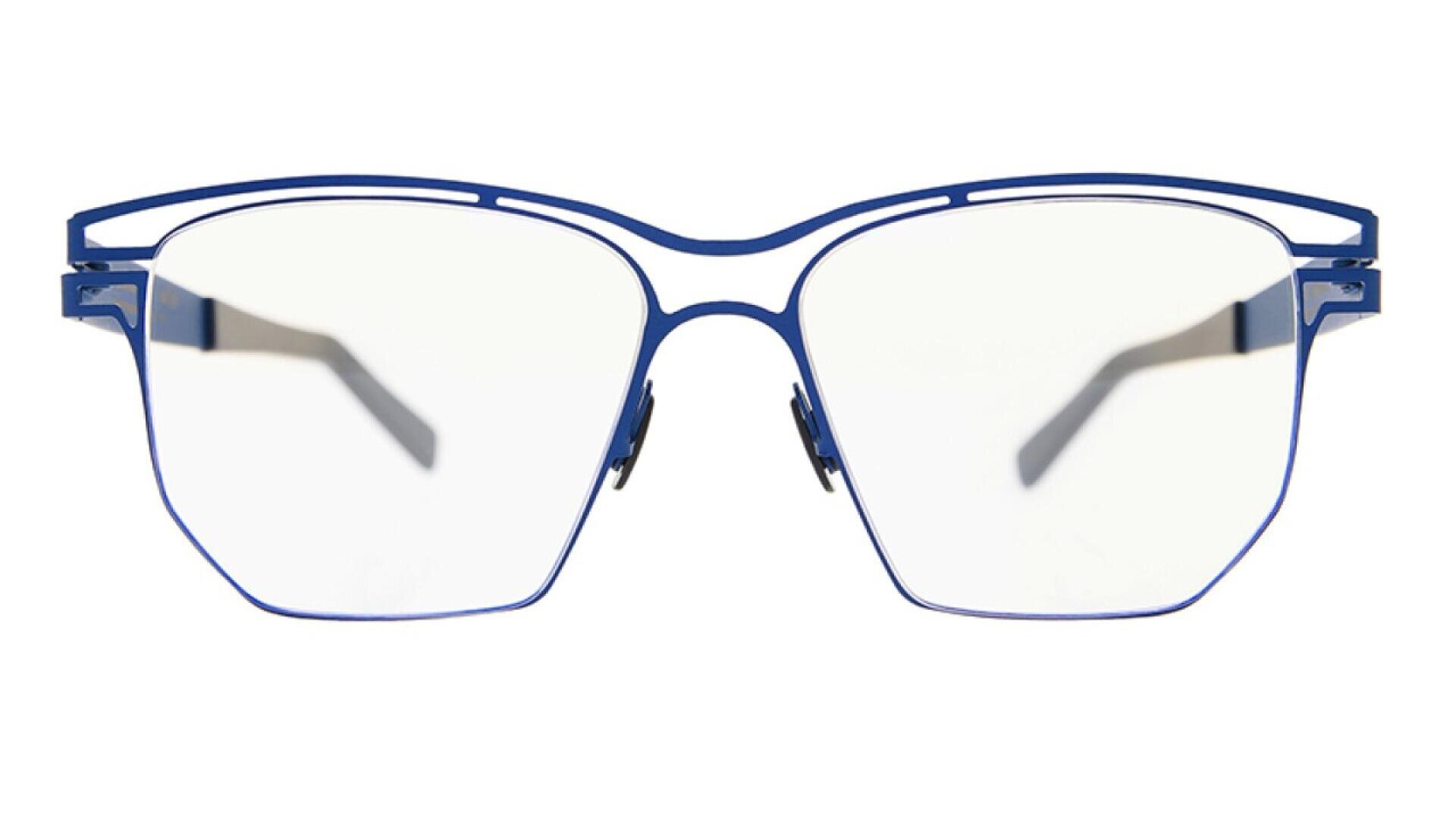 Blue metal eyeglass frames with a double bridge and rectangular lenses, viewed from the front against a white background.